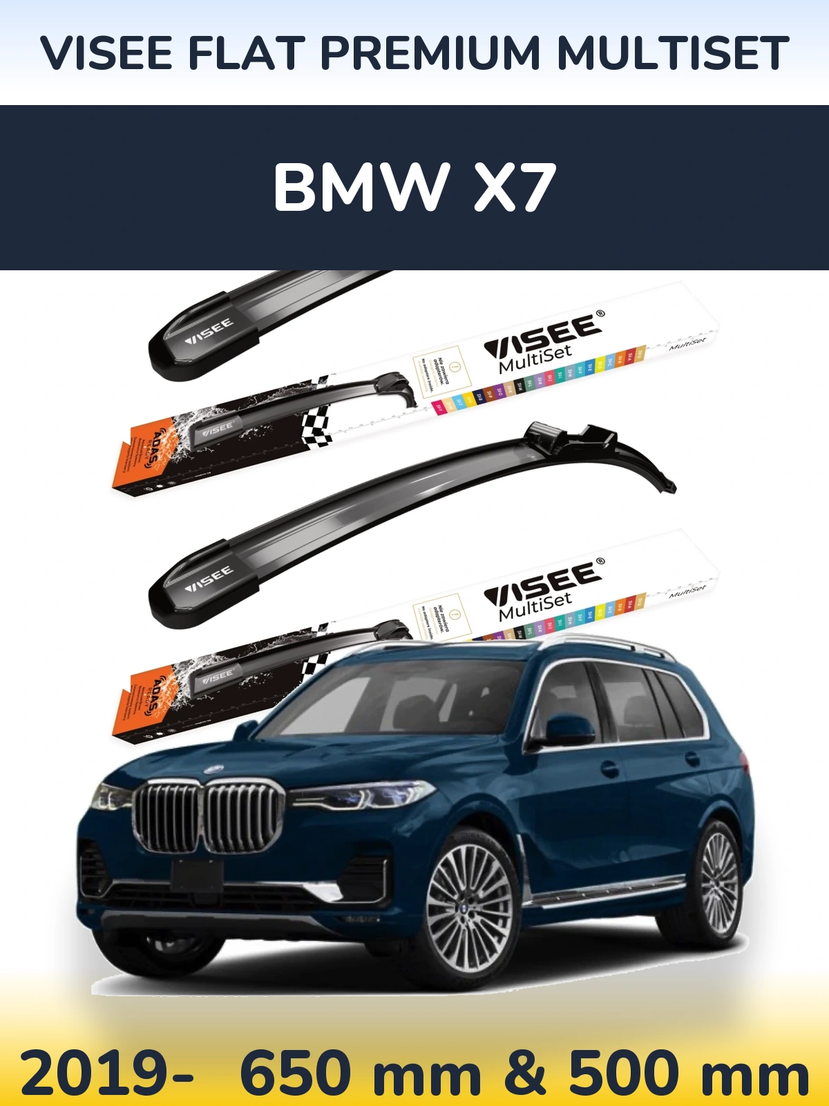 Front wiper blade set VISEE FLAT PREMIUM MultiSet 650 & 500 мм for BMW X7 2019-2026