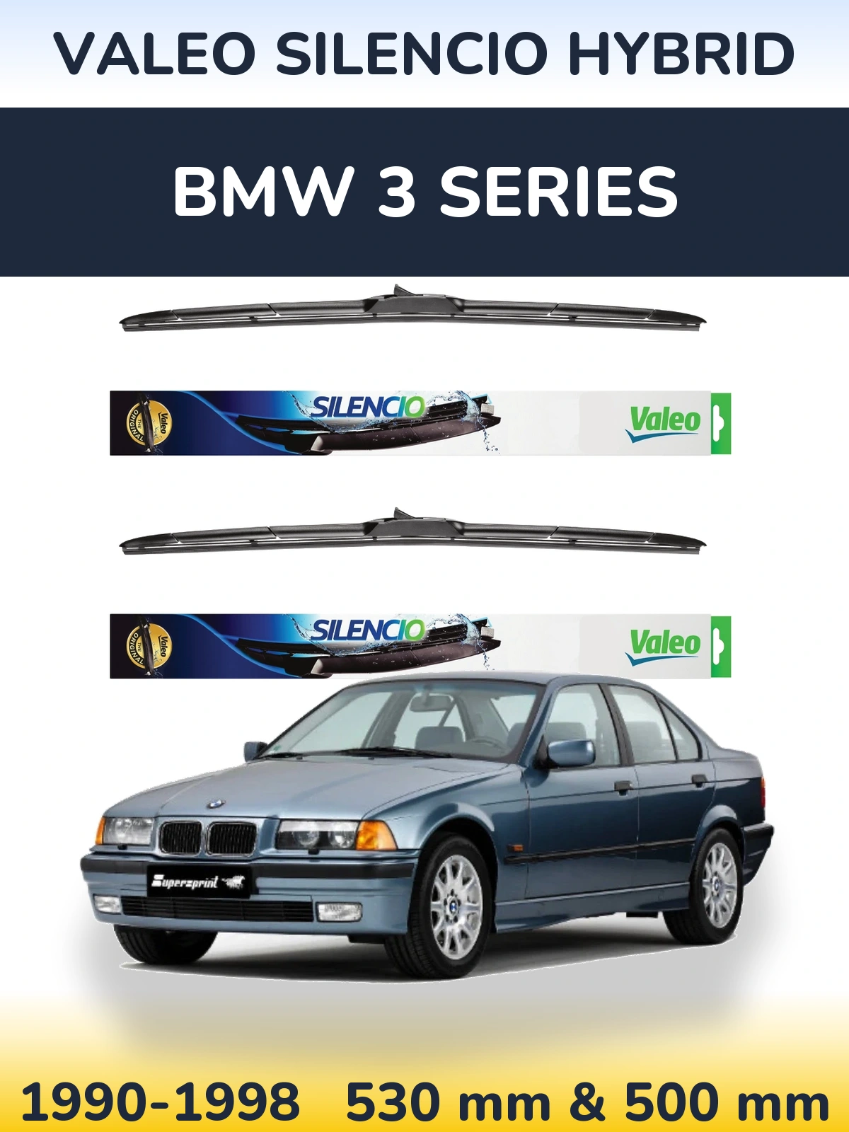 Front wiper blade set Valeo Silencio Hybrid 530 & 500 mm for BMW 3 Series 1990-1998