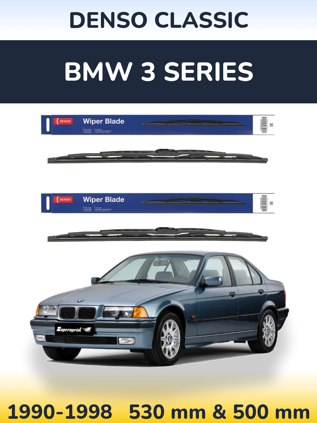Front wiper blade set Denso Classic 530 & 500 mm for BMW 3 Series 1990-1998
