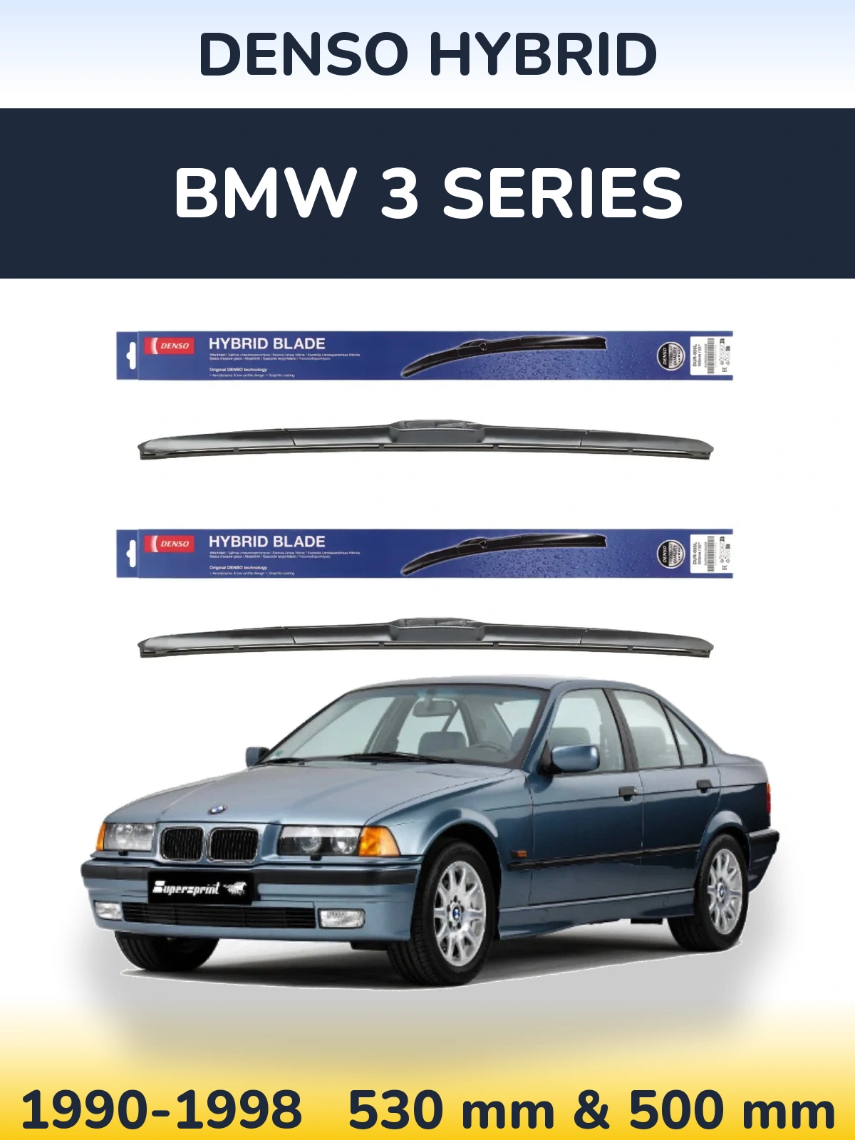 Front wiper blade set Denso Hybrid 530 & 500 мм for BMW 3 Series 1990-1998