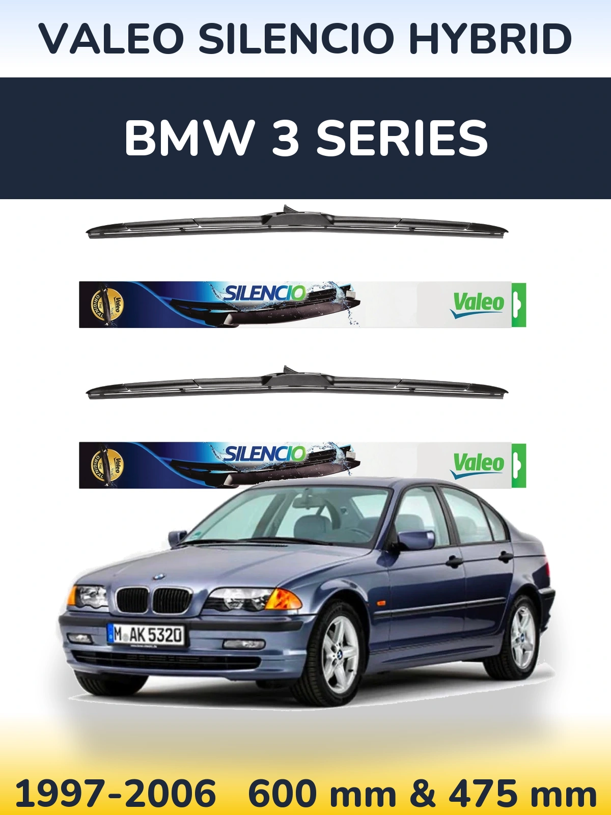Komplet przednich wycieraczek Valeo Silencio Hybrid 600 & 475 mm do BMW Seria 3 1997-2006