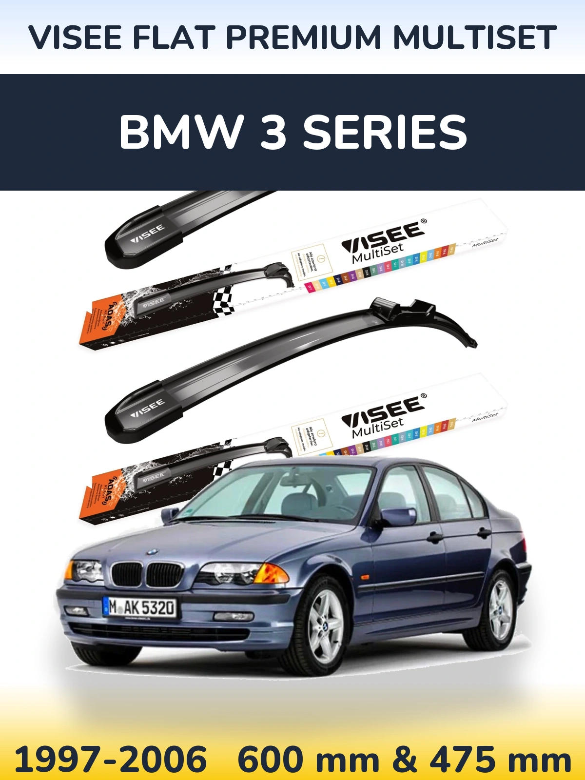 Komplet przednich wycieraczek VISEE FLAT PREMIUM MultiSet 600 & 475 mm do BMW Seria 3 1997-2006