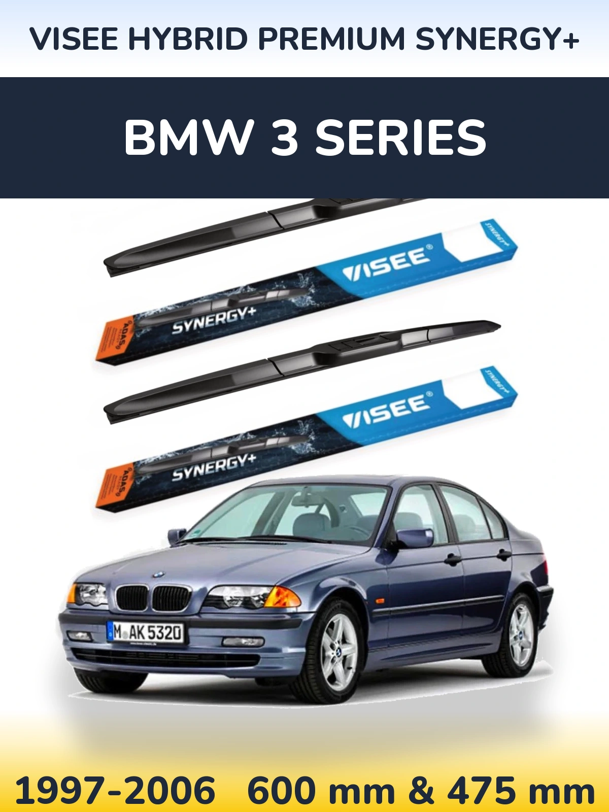 Front wiper blade set VISEE HYBRID PREMIUM SYNERGY+ 600 & 475 mm for BMW 3 Series 1997-2006