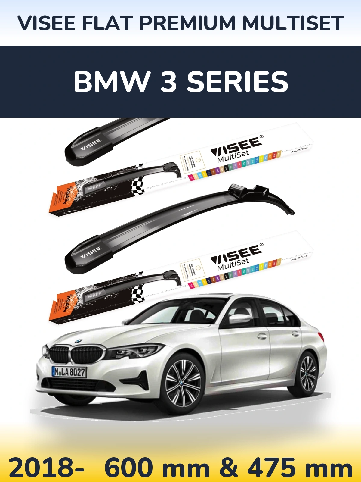 Front wiper blade set VISEE FLAT PREMIUM MultiSet 600 & 475 mm for BMW 3 Series 2018-2026