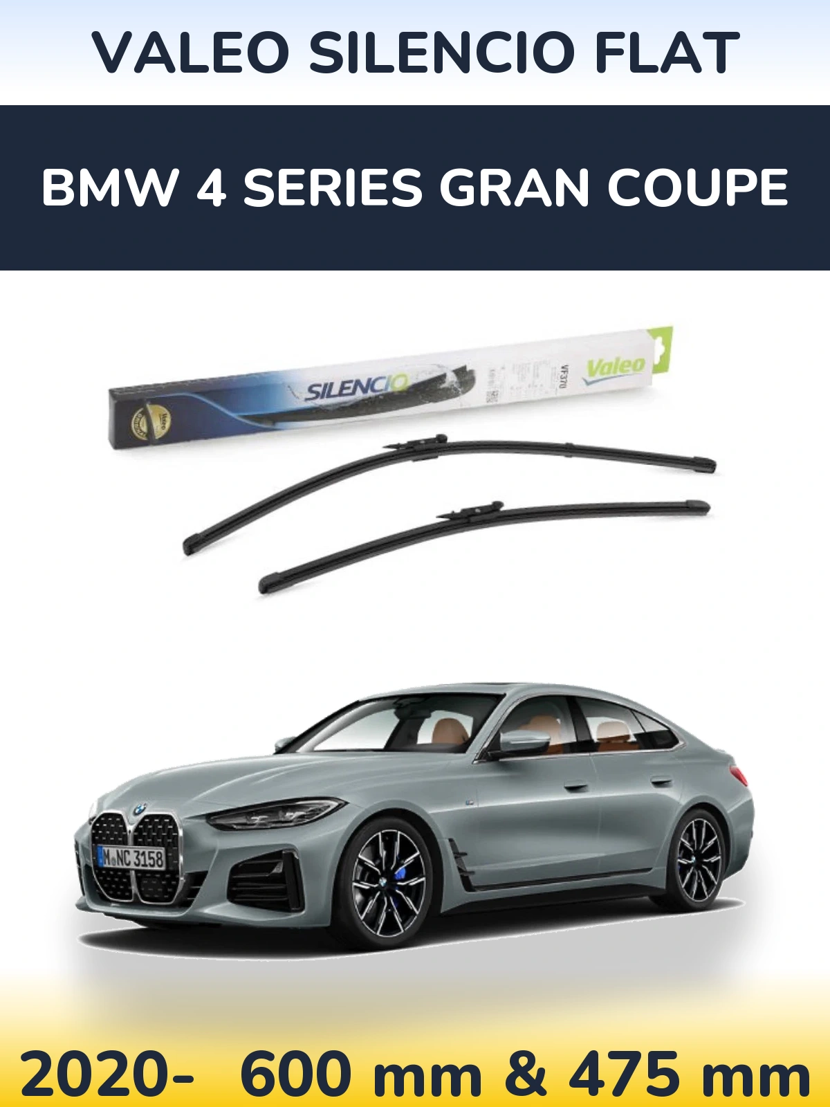 Front wiper blade set Valeo Silencio Flat 600 & 475 мм for BMW 4 Series Gran Coupe 2020-2026