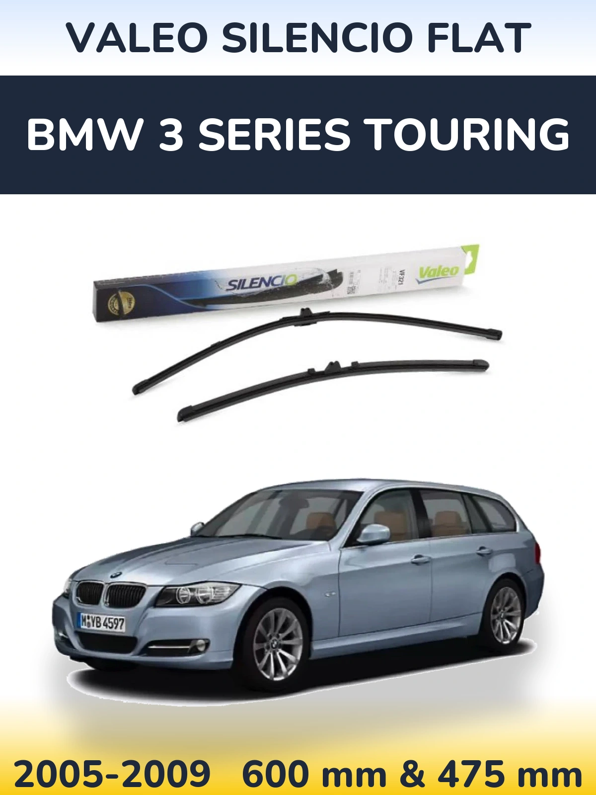 Front wiper blade set Valeo Silencio Flat 600 & 475 мм for BMW 3 Series Touring 2005-2009