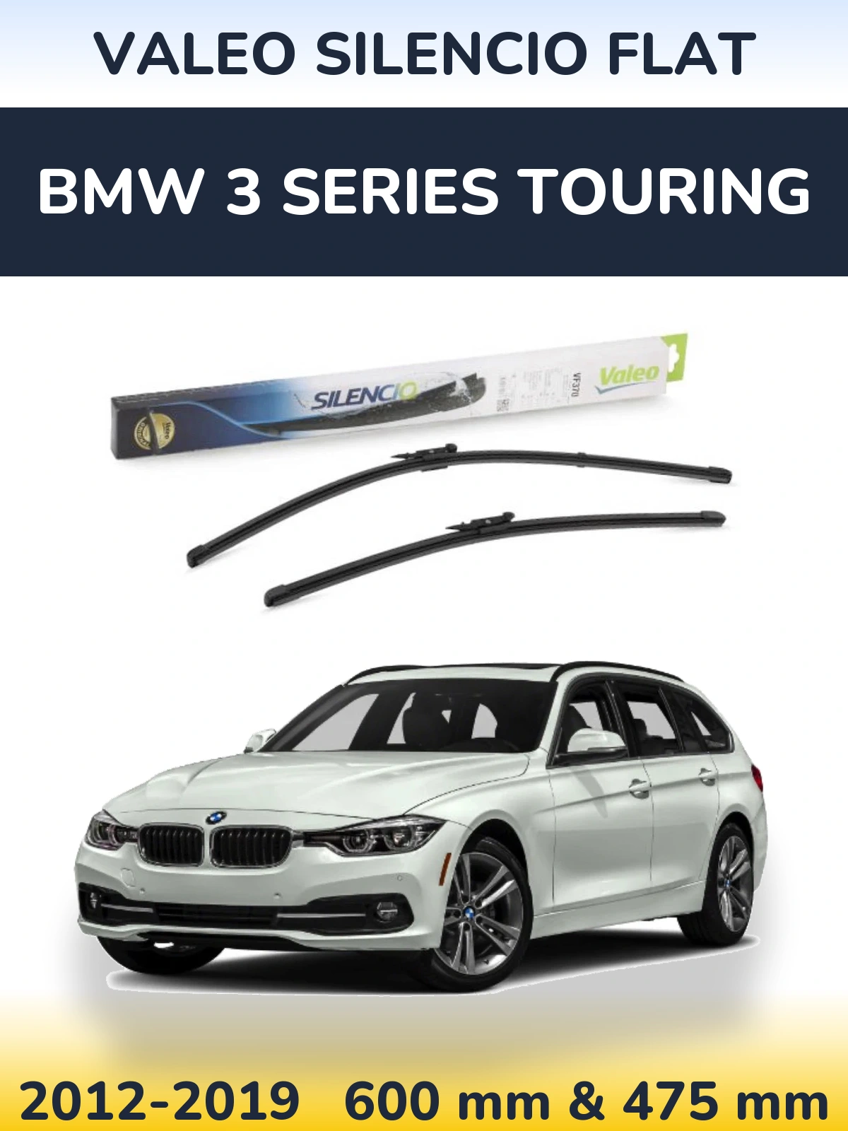 Front wiper blade set Valeo Silencio Flat 600 & 475 mm for BMW 3 Series Touring 2012-2019