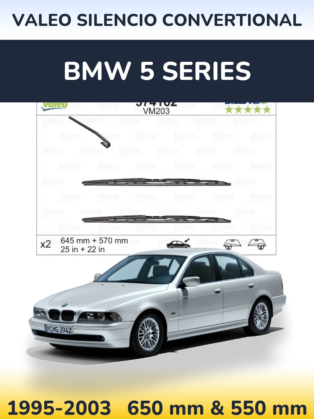 Front wiper blade set Valeo Silencio Convertional 645 & 570 mm for BMW 5 Series 1995-2003