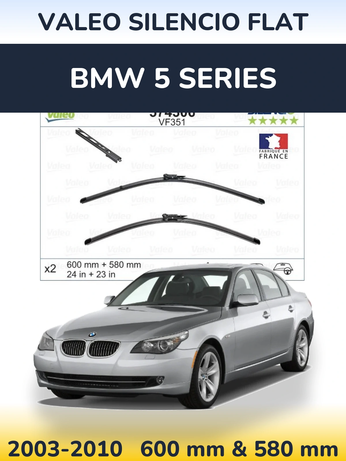 Комплект передних дворников Valeo Silencio Flat 600 & 580 мм для BMW 5 Series 2003-2010