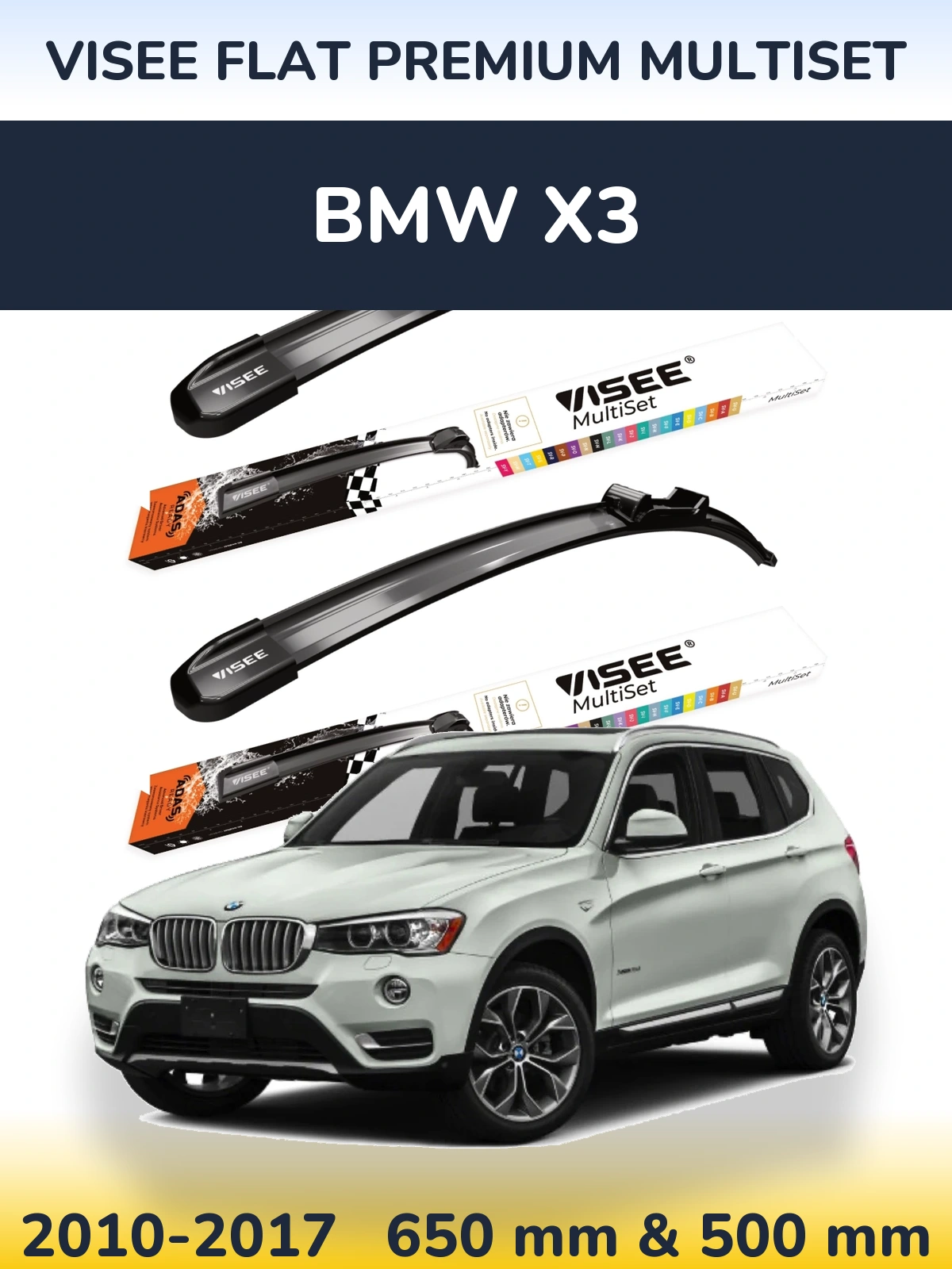 Front wiper blade set VISEE FLAT PREMIUM MultiSet 650 & 500 мм for BMW X3 2010-2017