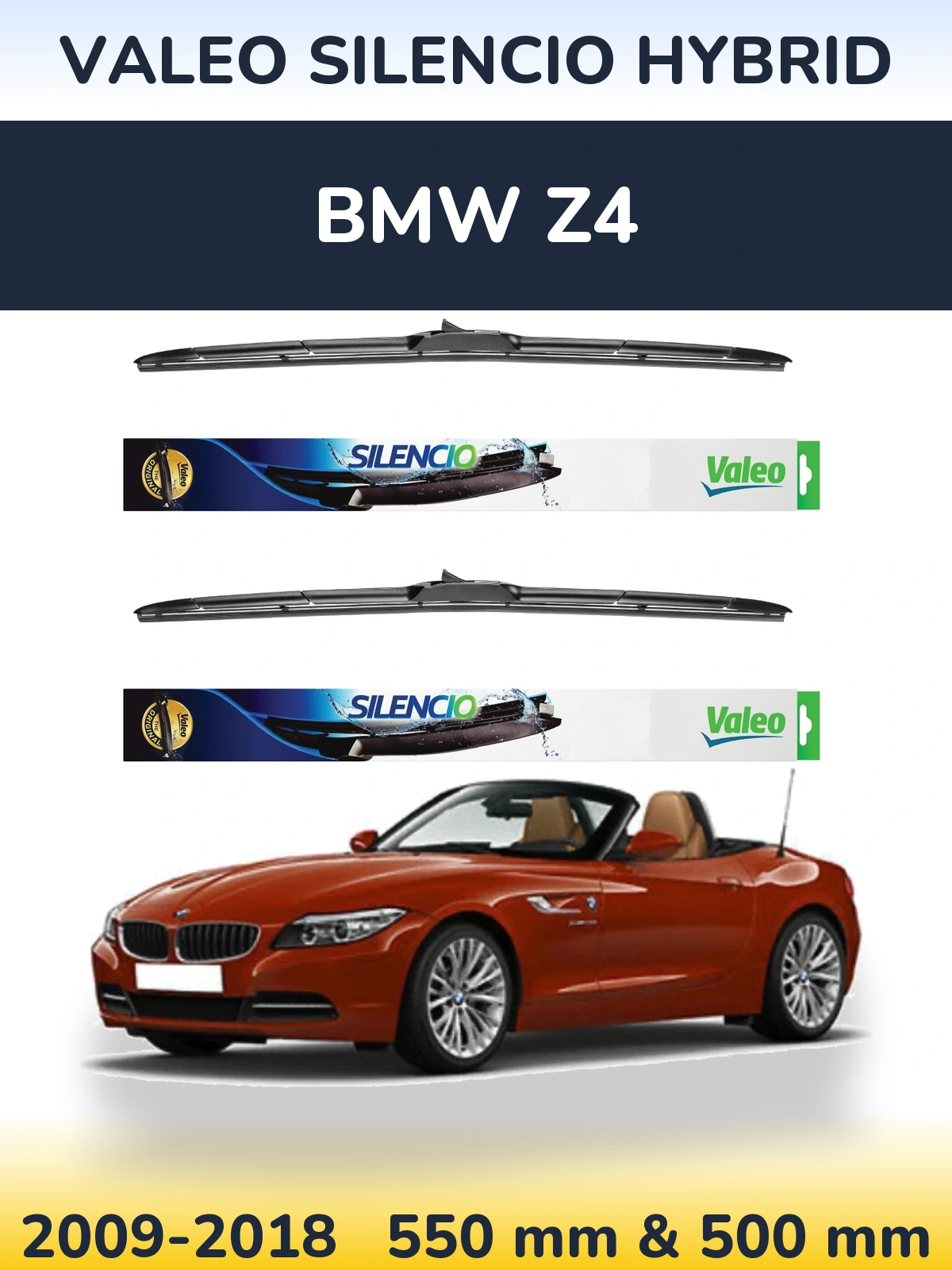 Front wiper blade set Valeo Silencio Hybrid 550 & 500 мм for BMW Z4 2009-2018