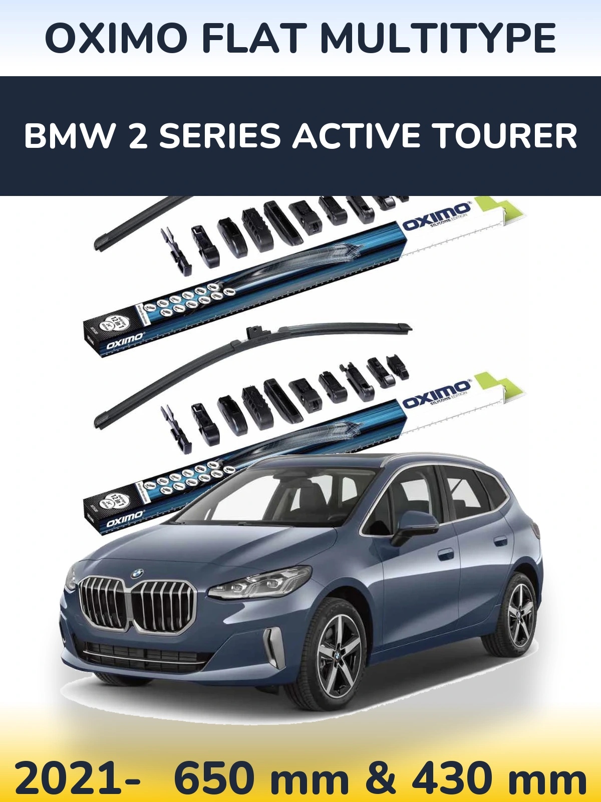 Front wiper blade set Oximo Flat MultiTypee 650 & 430 мм for BMW 2 Series Active Tourer 2021-2026