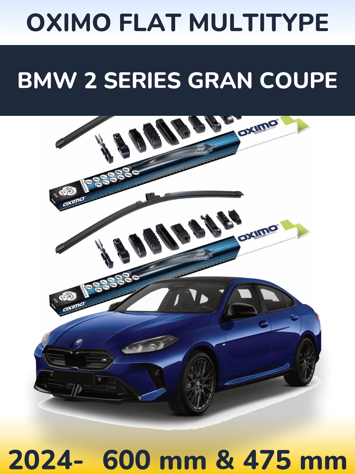 Front wiper blade set Oximo Flat MultiTypee 600 & 475 мм for BMW 2 Series Gran Coupe 2024-2026