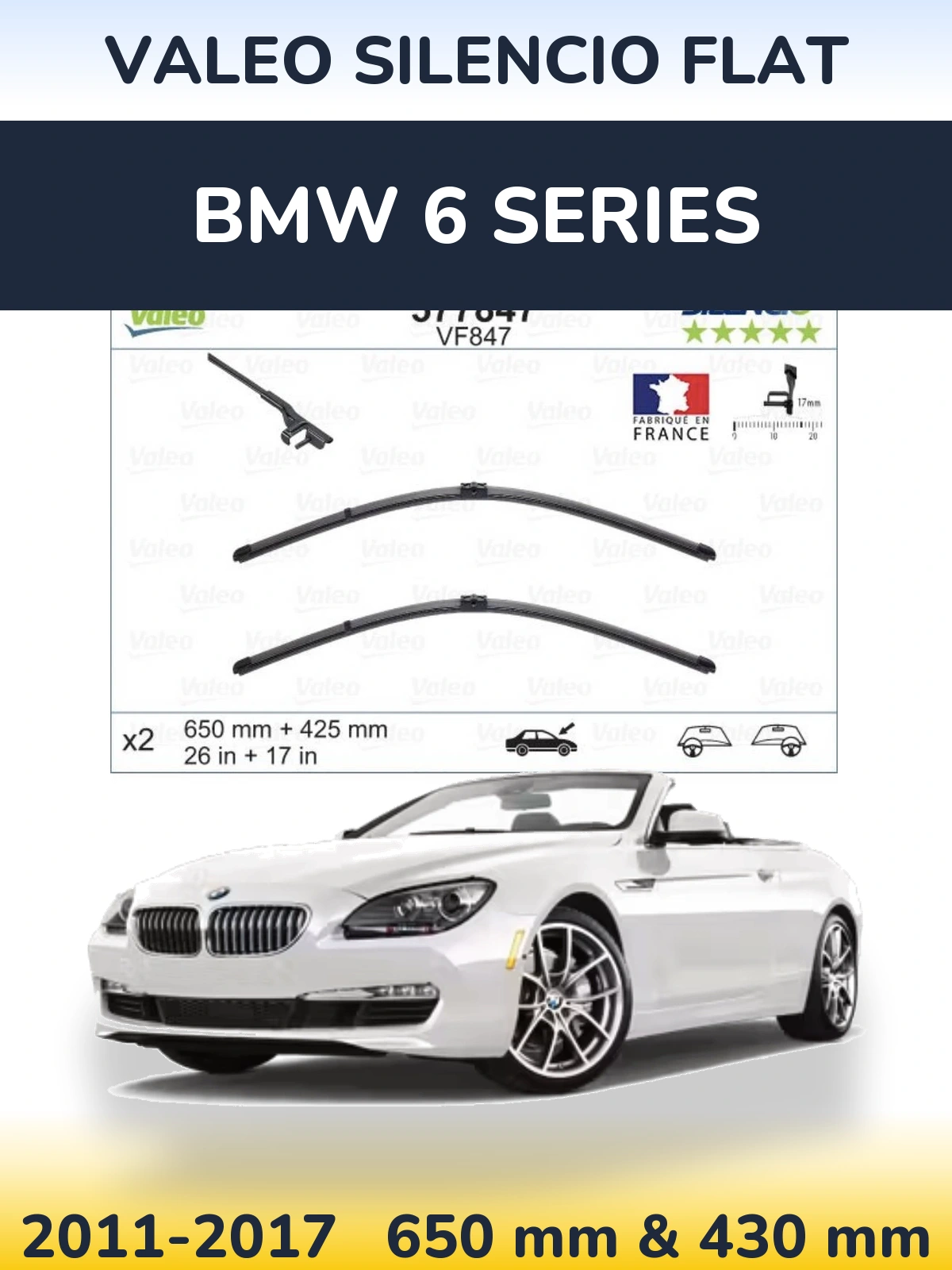 Front wiper blade set Valeo Silencio Flat 650 & 430 мм for BMW 6 Series 2011-2017