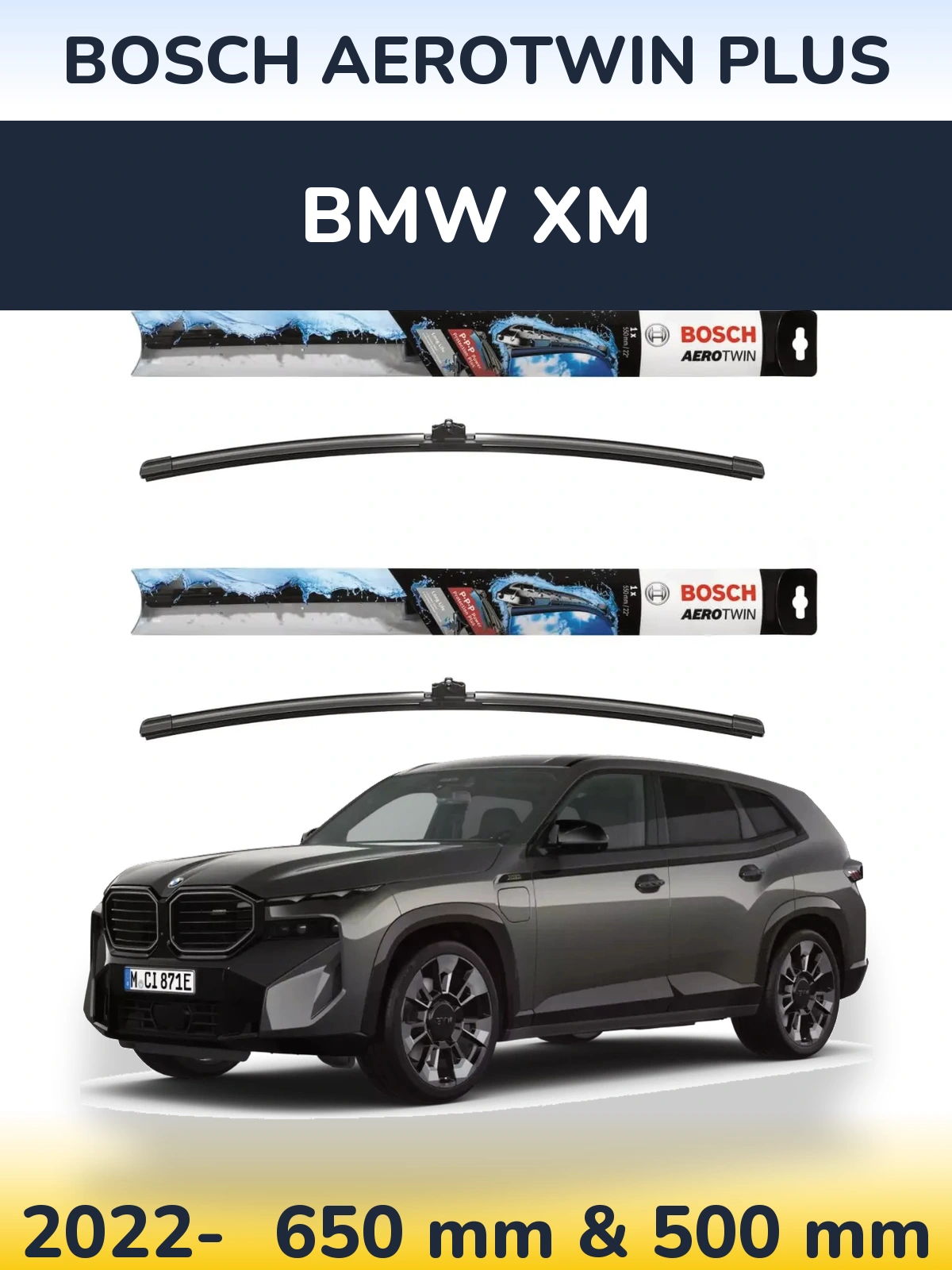 Front wiper blade set BOSCH AeroTwin Plus 650 & 500 мм for BMW XM 2022-2026