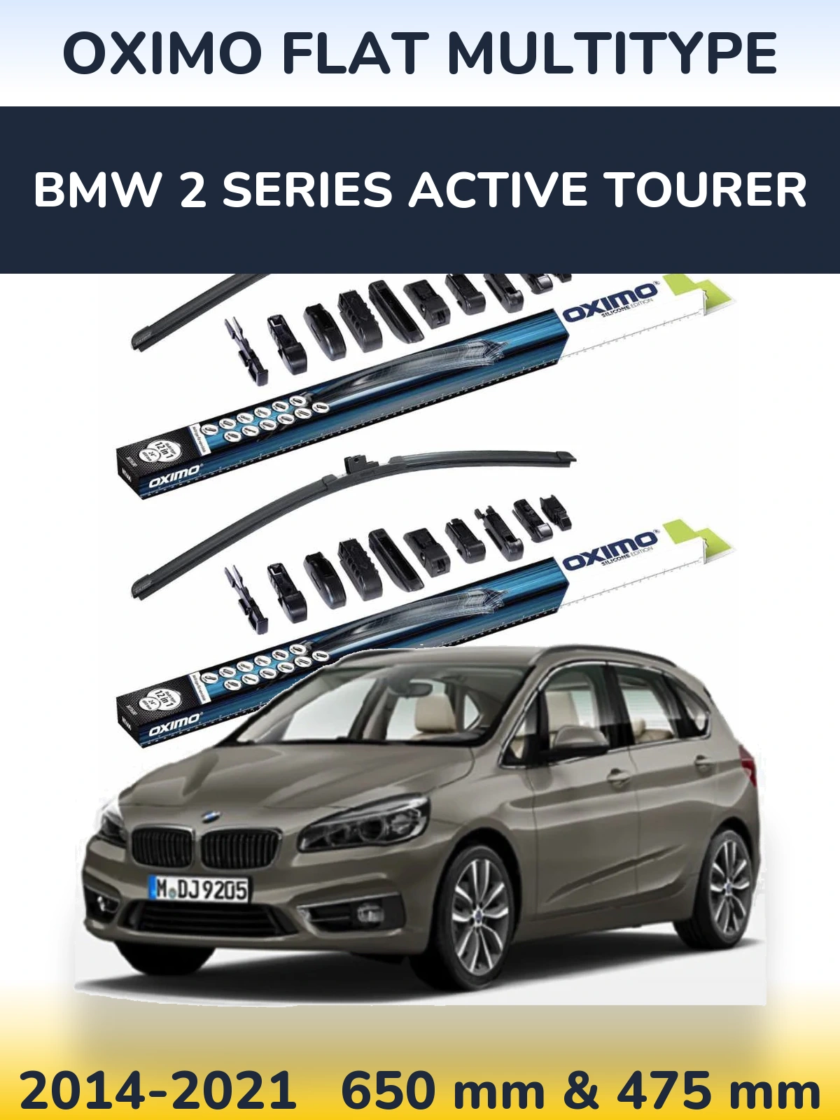 Комплект передних дворников Oximo Flat MultiТипe 650 & 475 мм для BMW 2 Series Active Tourer 2014-2021
