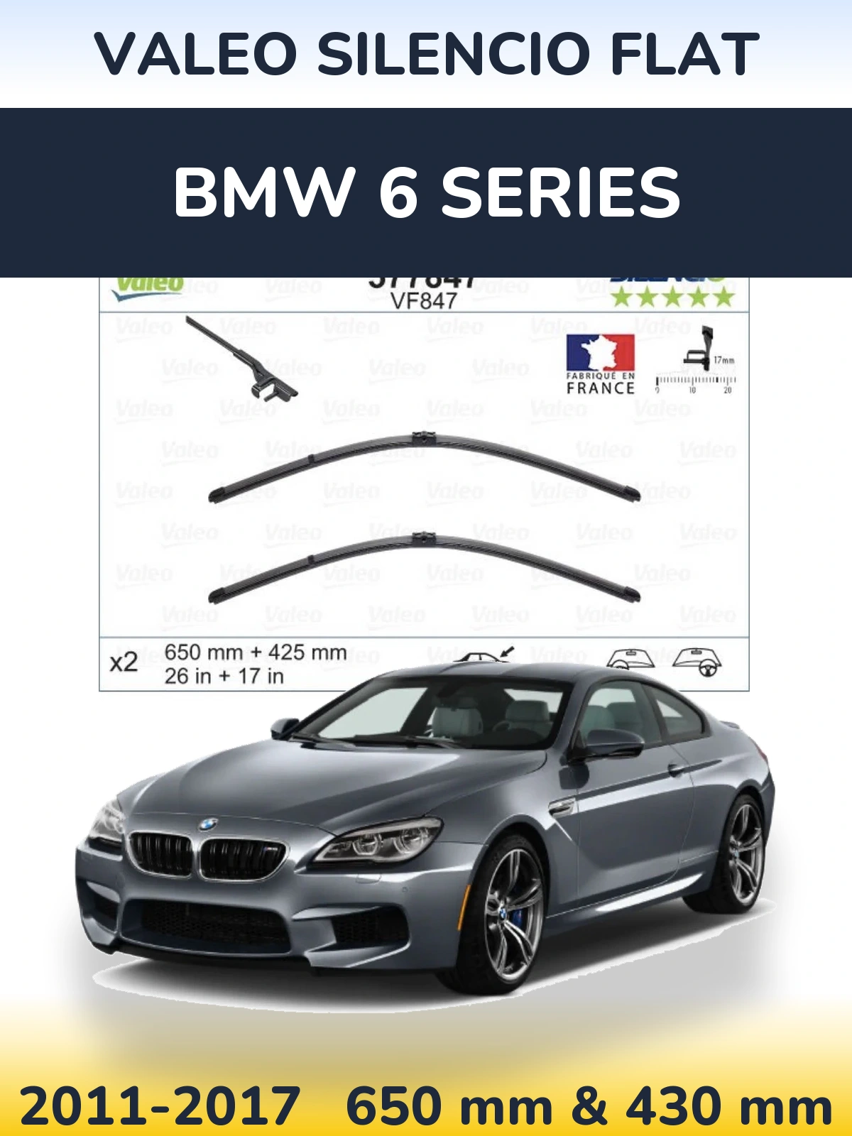Front wiper blade set Valeo Silencio Flat 650 & 430 мм for BMW 6 Series 2011-2017