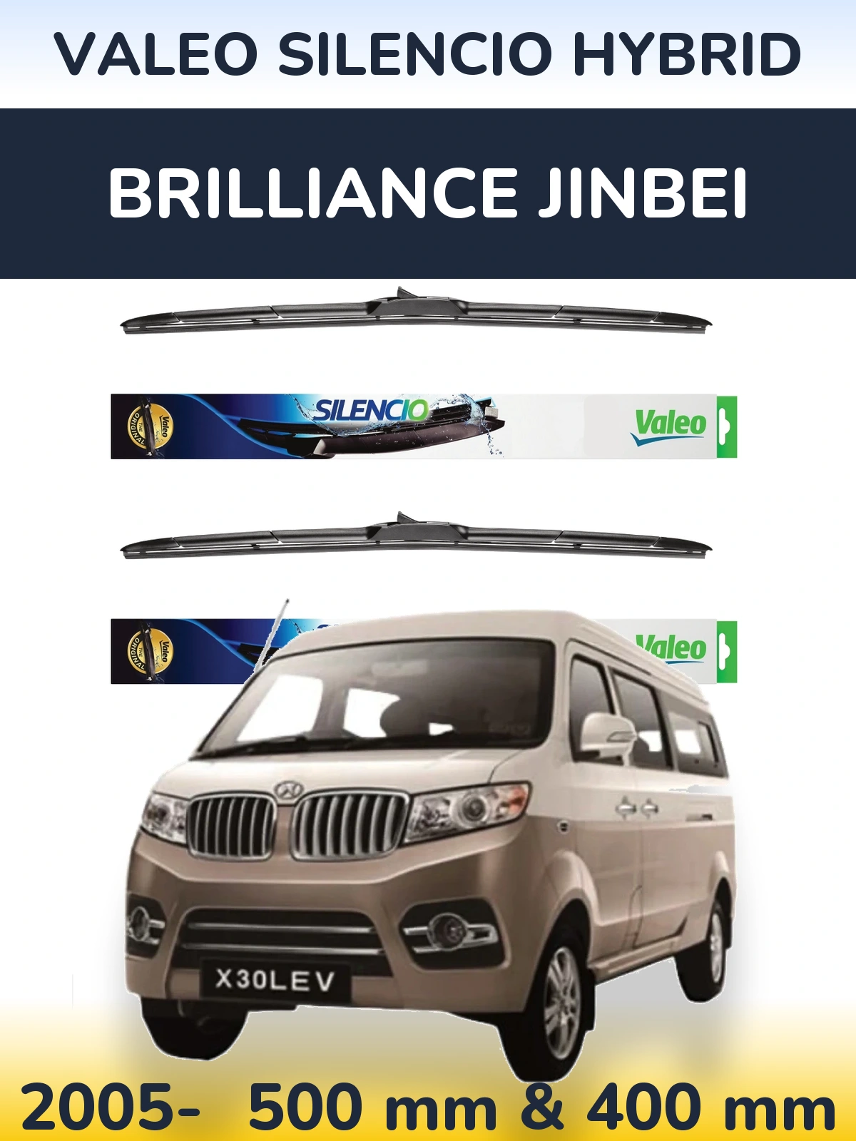 Front wiper blade set Valeo Silencio Hybrid 500 & 400 mm for Brilliance Jinbei 2005-2026
