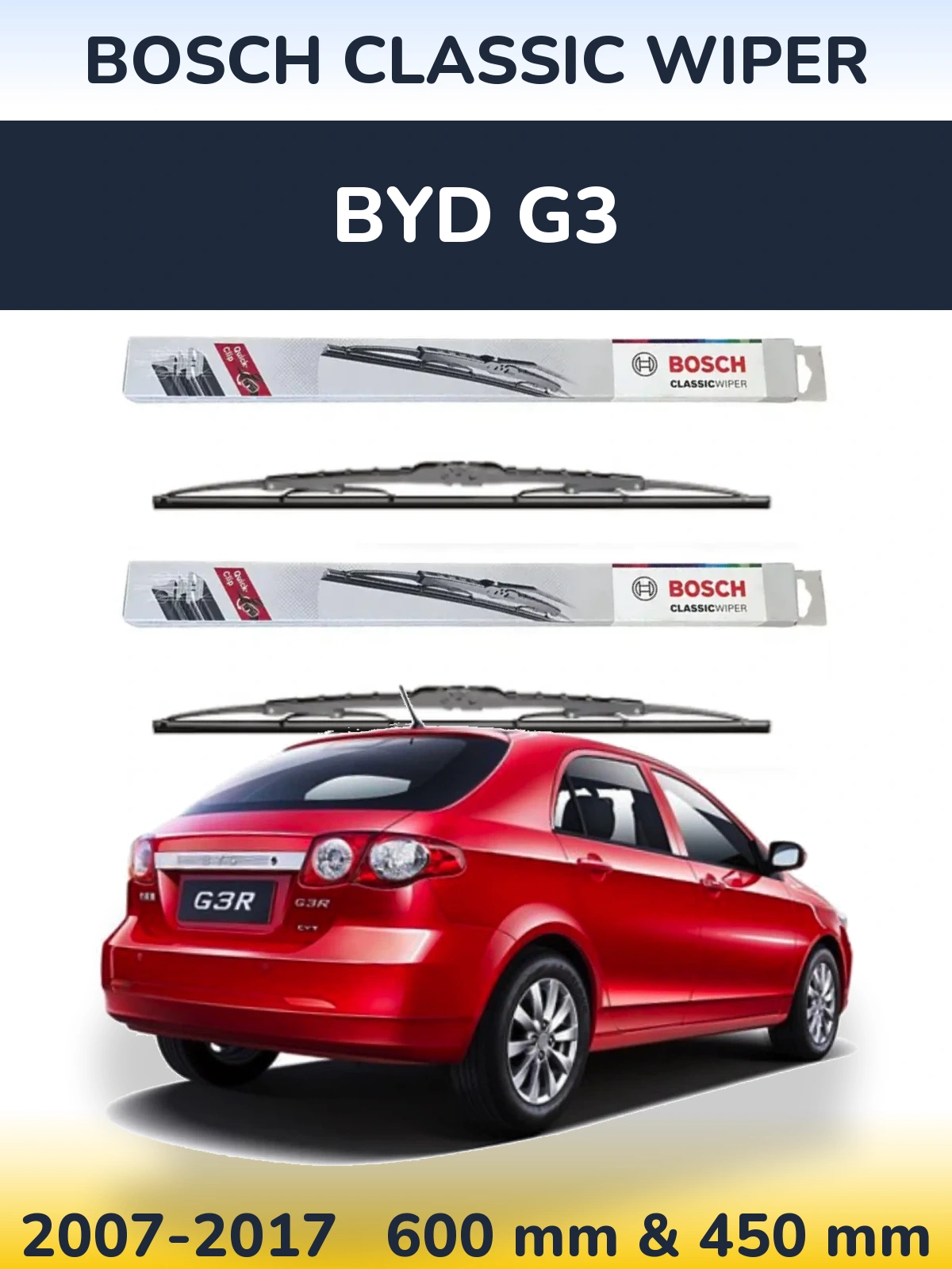 Front wiper blade set BOSCH Classic Wiper 600 & 450 мм for BYD G3 2007-2017