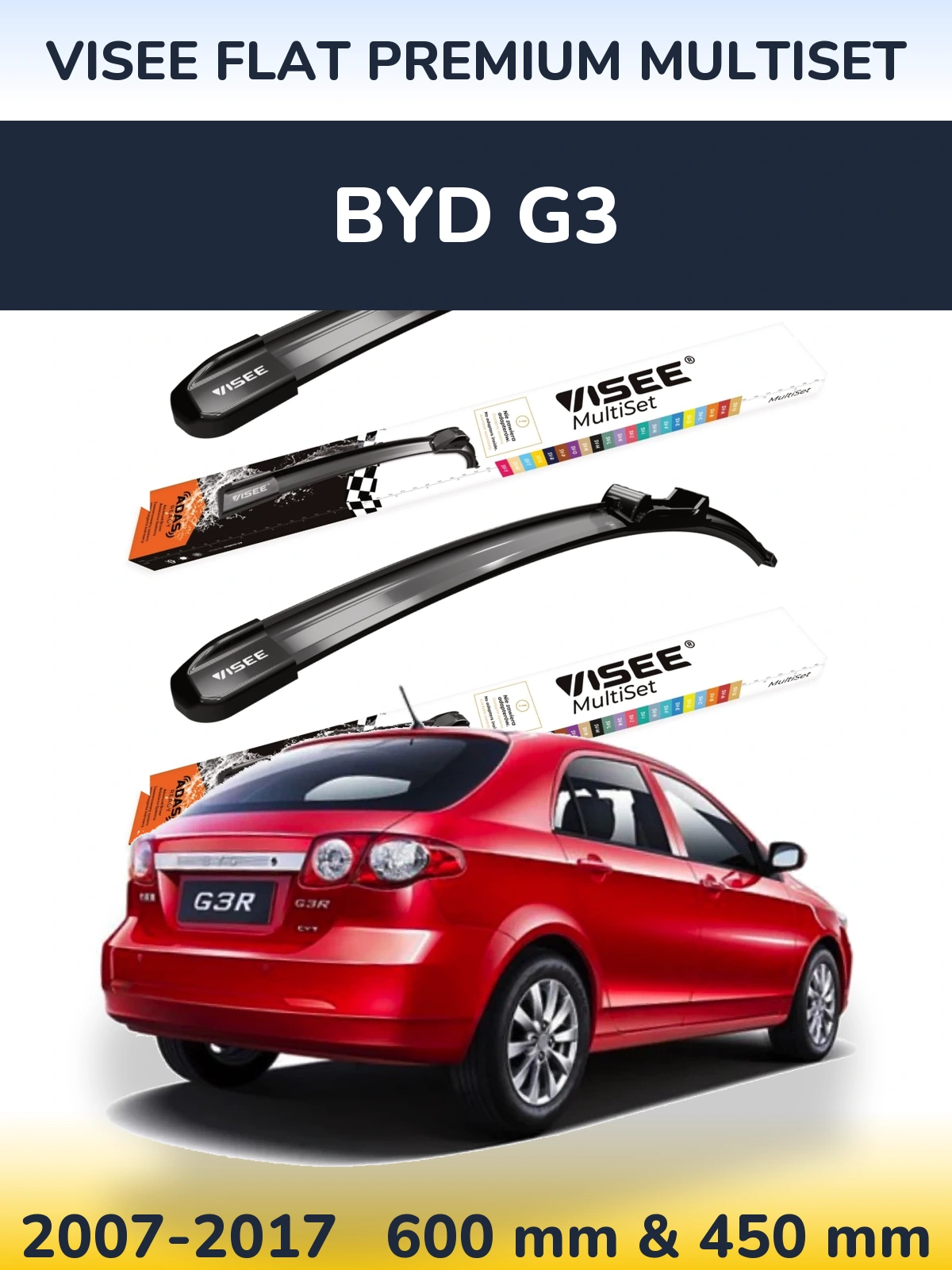 Front wiper blade set VISEE FLAT PREMIUM MultiSet 600 & 450 mm for BYD G3 2007-2017