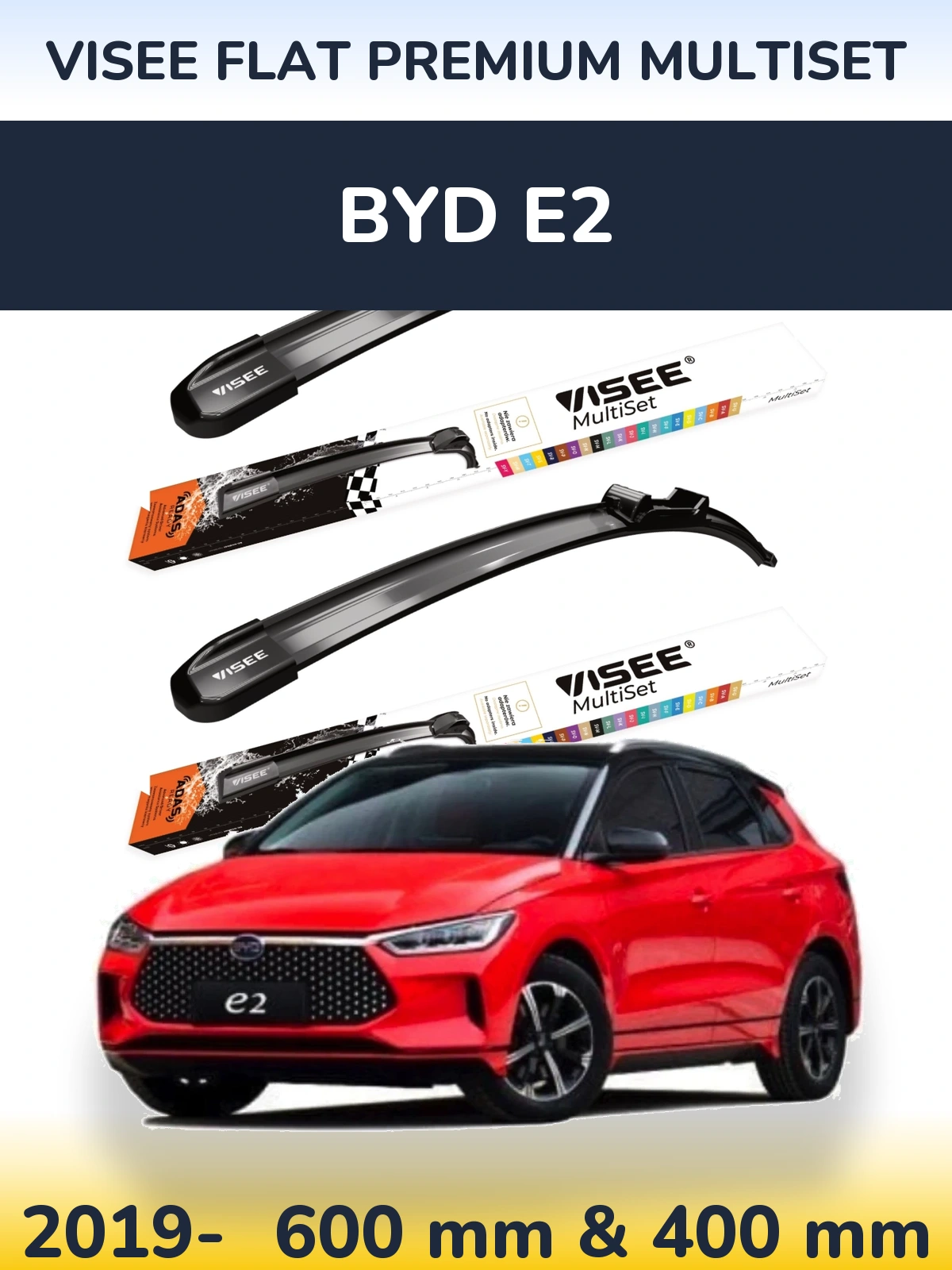 Komplet przednich wycieraczek VISEE FLAT PREMIUM MultiSet 600 & 400 mm do BYD E2 2019-2026