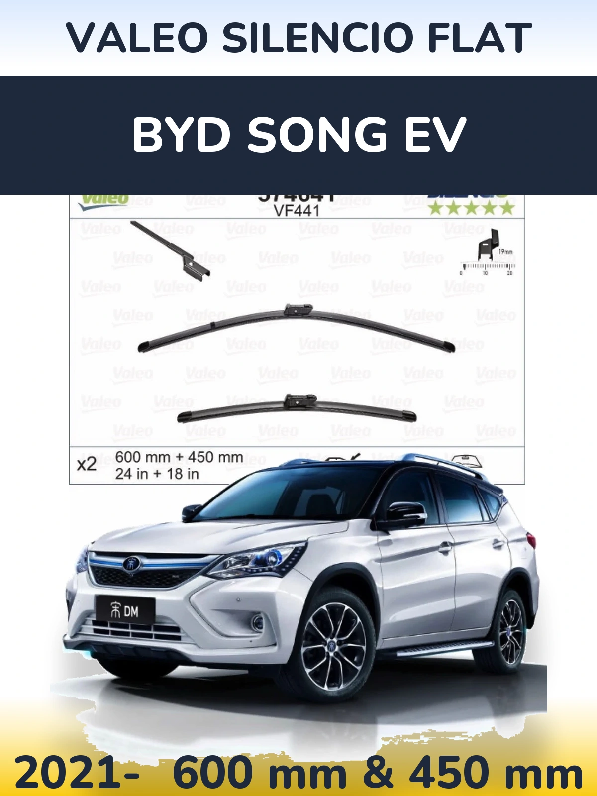 Front wiper blade set Valeo Silencio Flat 600 & 450 мм for BYD Song EV 2021-2026