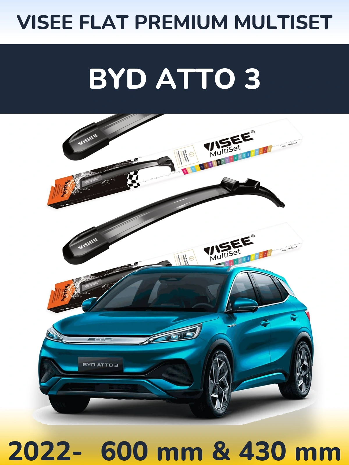 Komplet przednich wycieraczek VISEE FLAT PREMIUM MultiSet 600 & 430 mm do BYD Atto 3 2022-2026