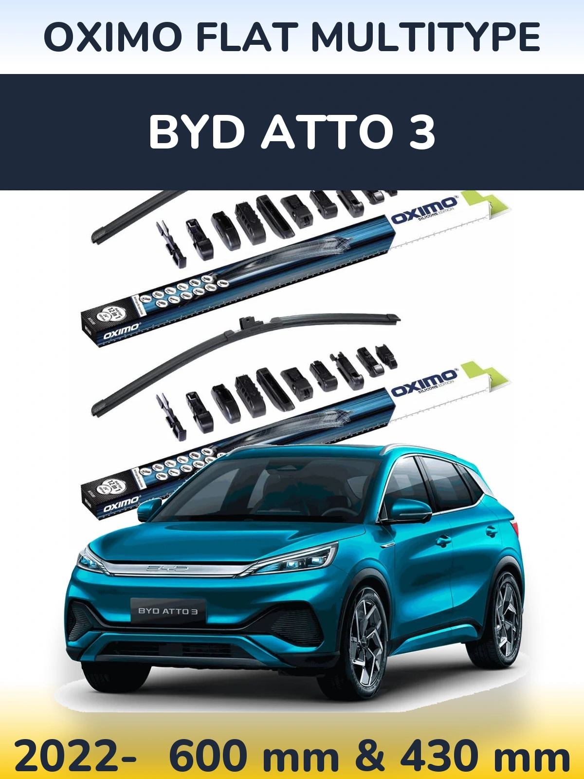 Front wiper blade set Oximo Flat MultiTypee 600 & 430 mm for BYD Atto 3 2022-2026