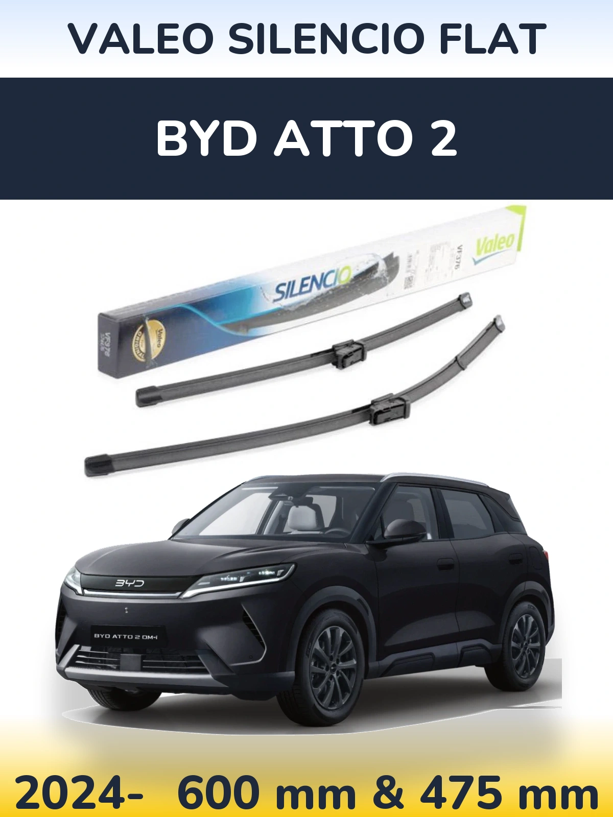 Front wiper blade set Valeo Silencio Flat 600 & 475 мм for BYD Atto 2 2024-2026