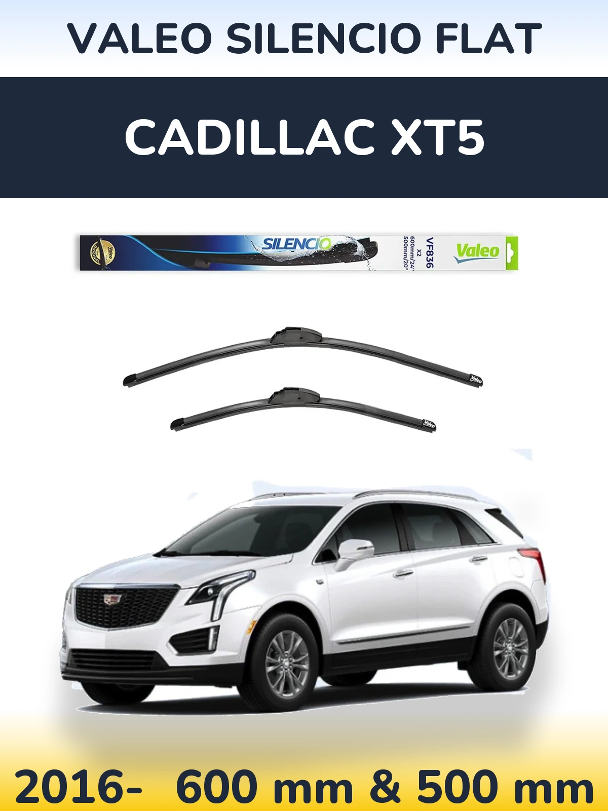 Front wiper blade set Valeo Silencio Flat 600 & 500 mm for Cadillac XT5 2016-2026