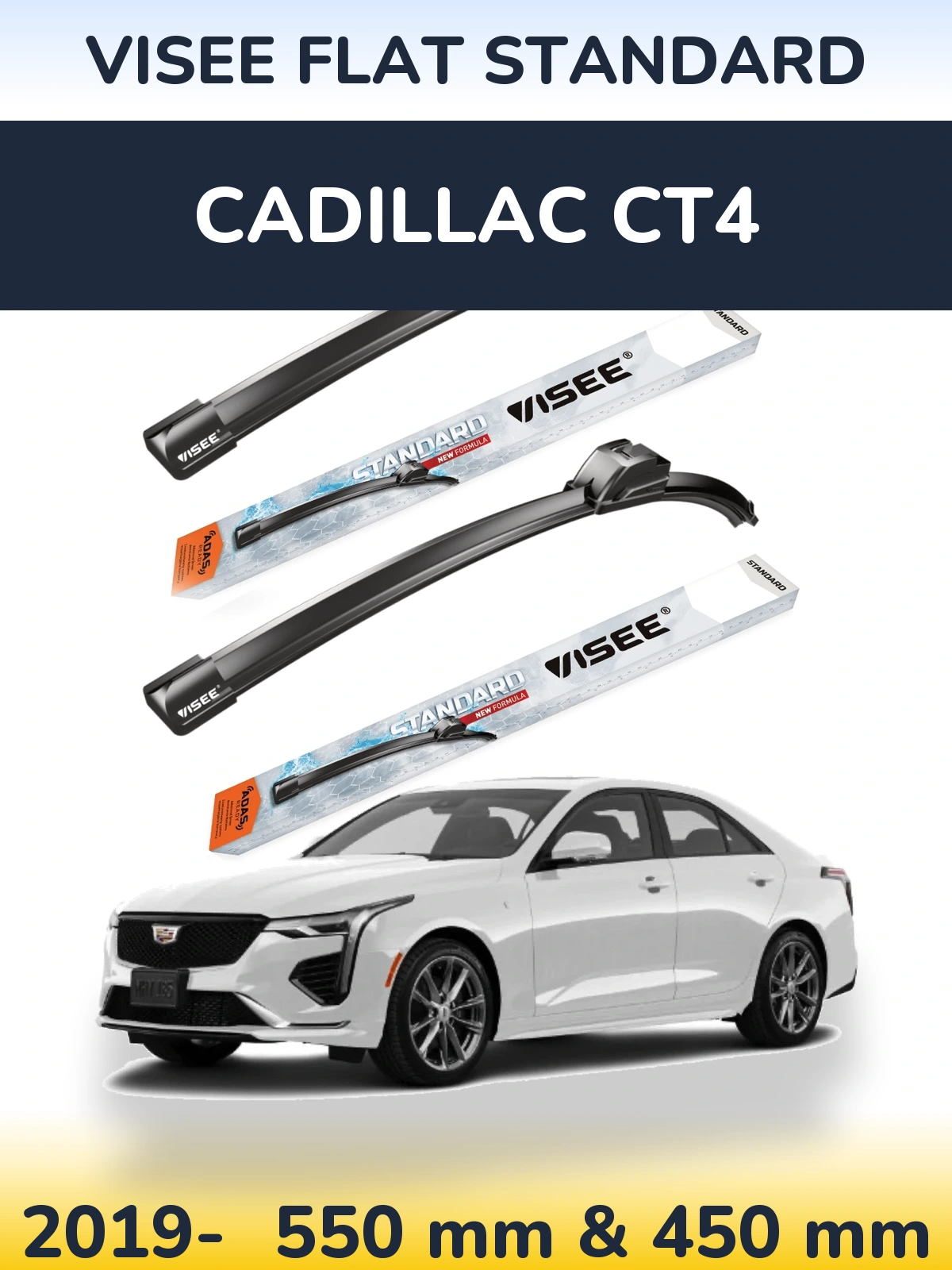 Front wiper blade set VISEE FLAT STANDARD 550 & 450 mm for Cadillac CT4 2019-2026