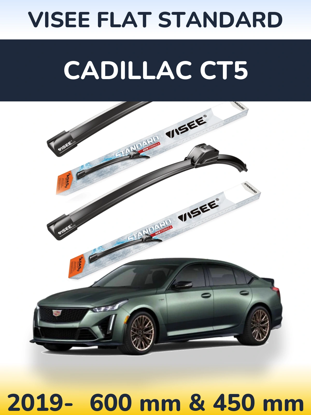 Komplet przednich wycieraczek VISEE FLAT STANDARD 600 & 450 mm do Cadillac CT5 2019-2026