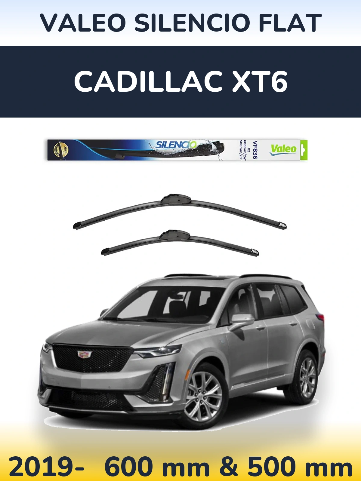Front wiper blade set Valeo Silencio Flat 600 & 500 мм for Cadillac XT6 2019-2026