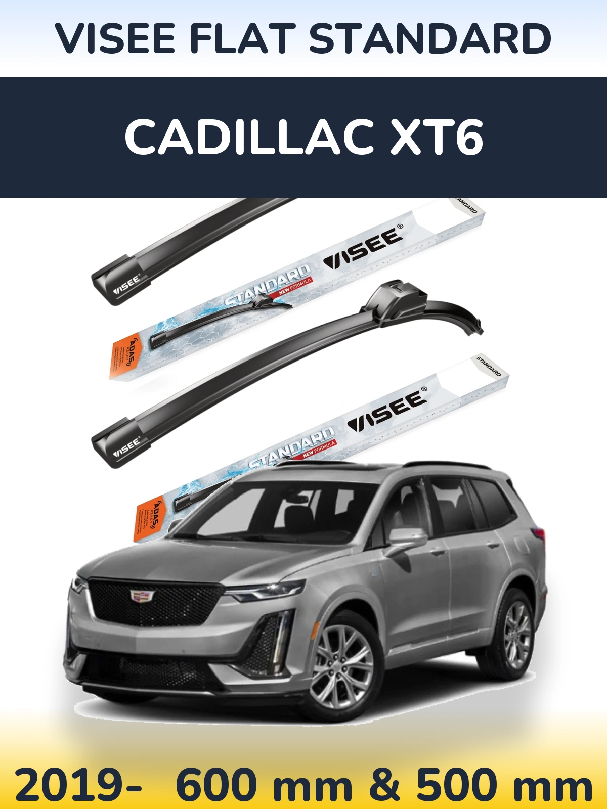 Комплект передніх щіток VISEE FLAT STANDARD 600 & 500 мм для Cadillac XT6 2019-2026