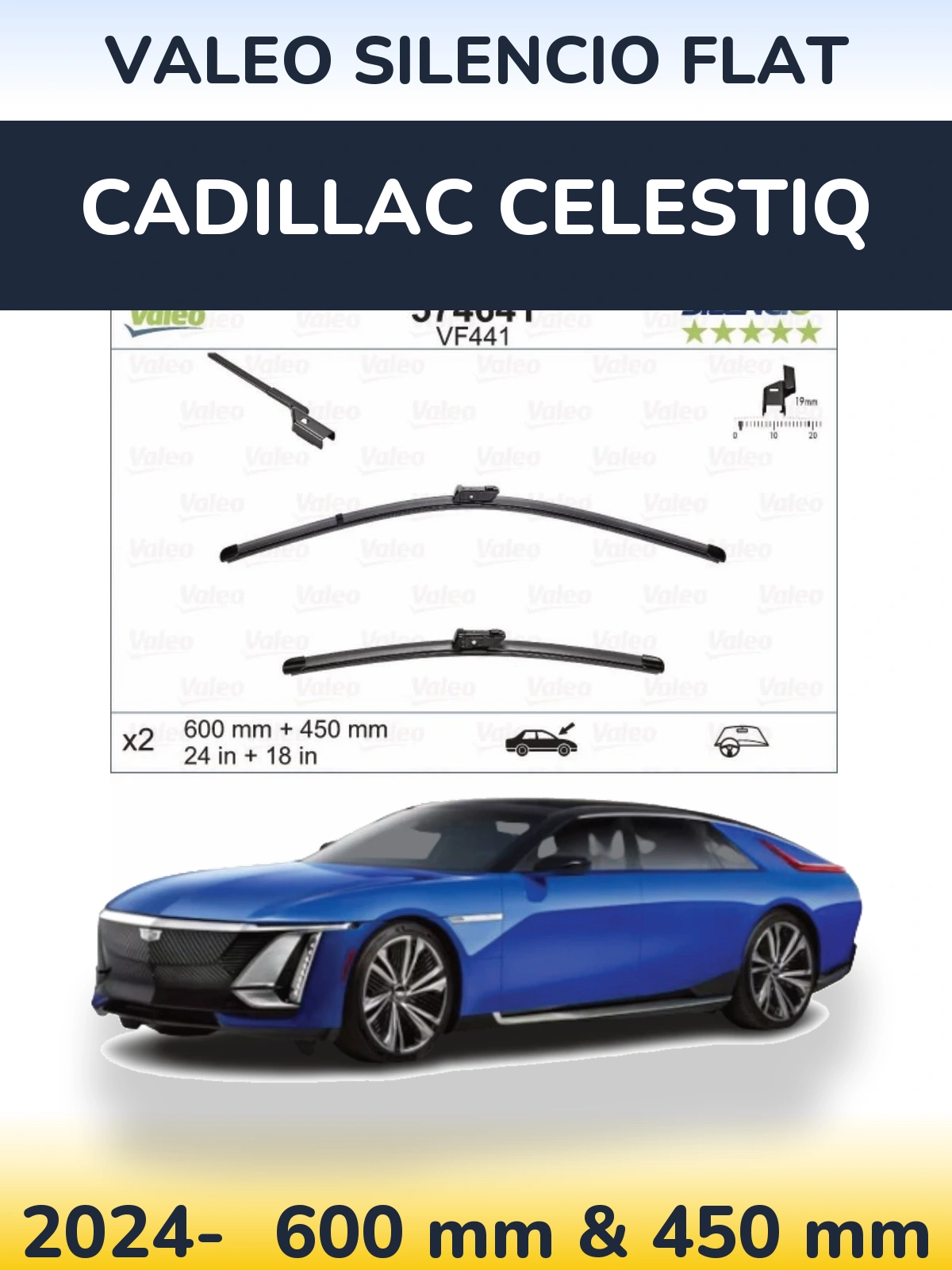 Komplet przednich wycieraczek Valeo Silencio Flat 600 & 450 mm do Cadillac Celestiq 2024-2026