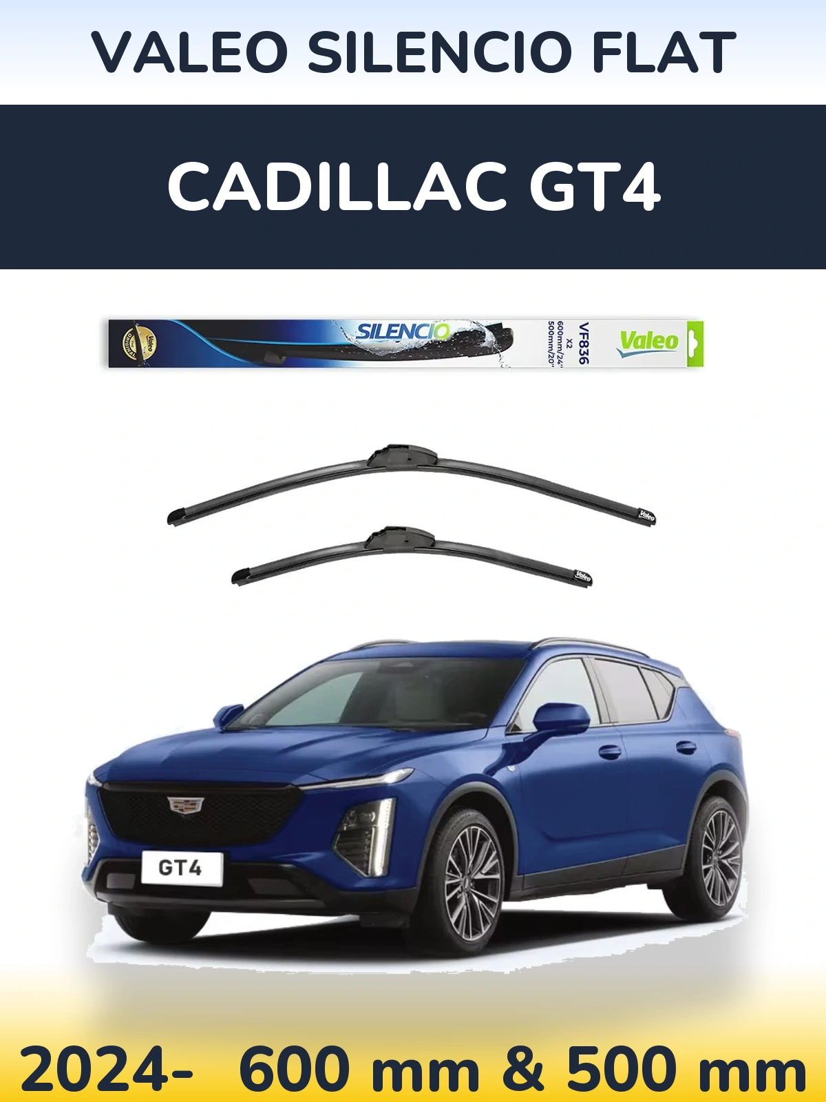 Front wiper blade set Valeo Silencio Flat 600 & 500 mm for Cadillac GT4 2024-2026
