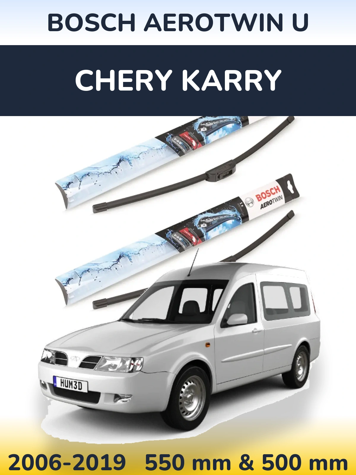 Front wiper blade set BOSCH AeroTwin U 550 & 500 мм for Chery Karry 2006-2019
