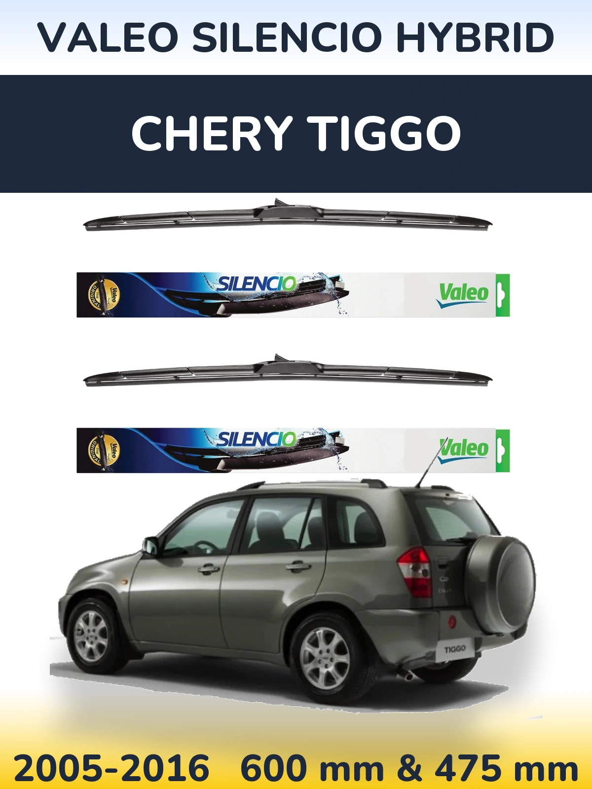 Front wiper blade set Valeo Silencio Hybrid 600 & 475 mm for Chery Tiggo 2005-2016