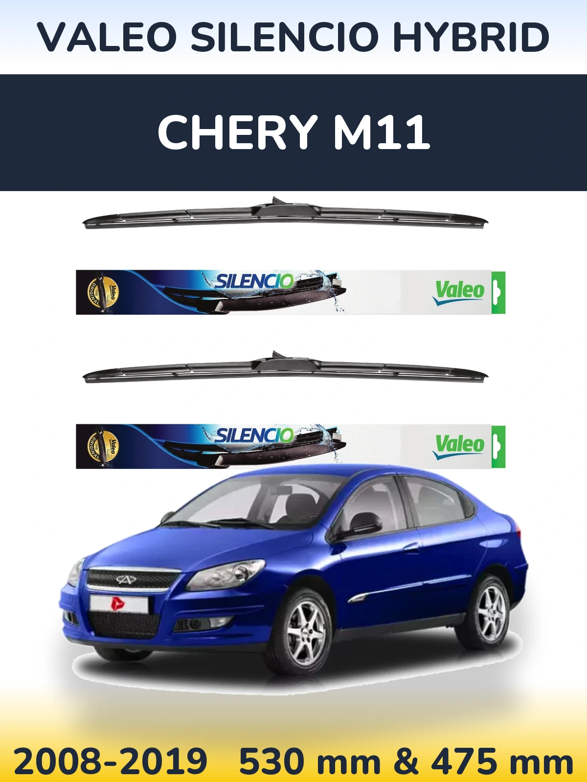 Front wiper blade set Valeo Silencio Hybrid 530 & 475 мм for Chery M11 2008-2019