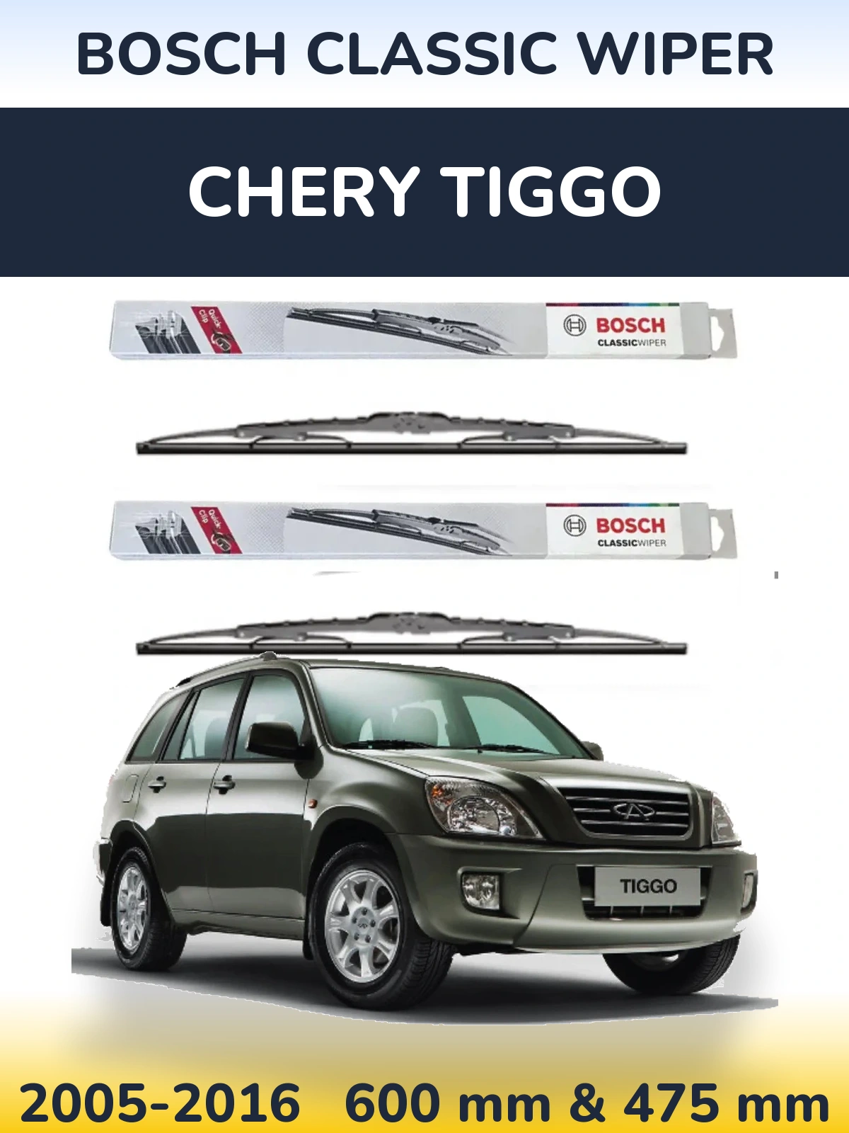 Front wiper blade set BOSCH Classic Wiper 600 & 475 мм for Chery Tiggo 2005-2016