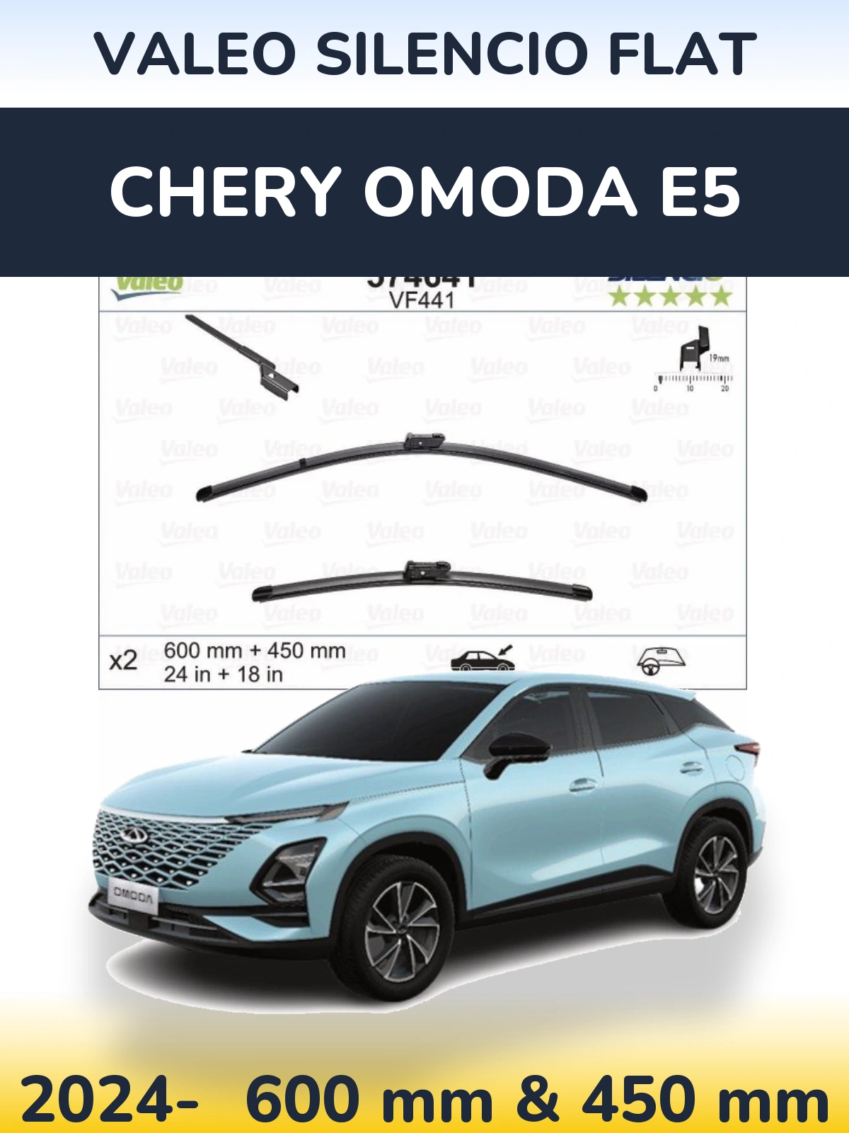 Komplet przednich wycieraczek Valeo Silencio Flat 600 & 450 mm do Chery Omoda E5 2024-2026