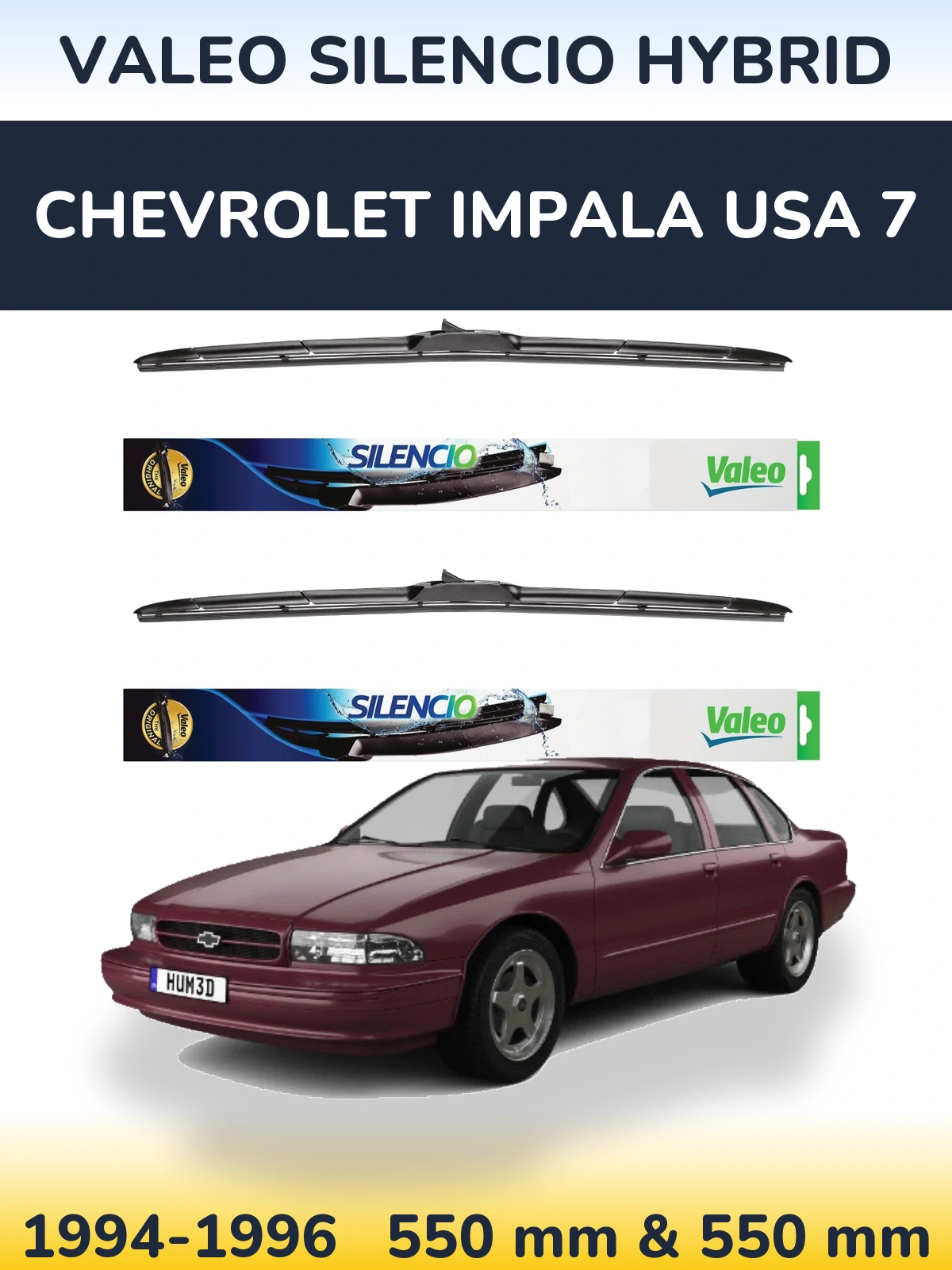 Front wiper blade set Valeo Silencio Hybrid 550 & 550 mm for Chevrolet Impala USA 7 1994-1996