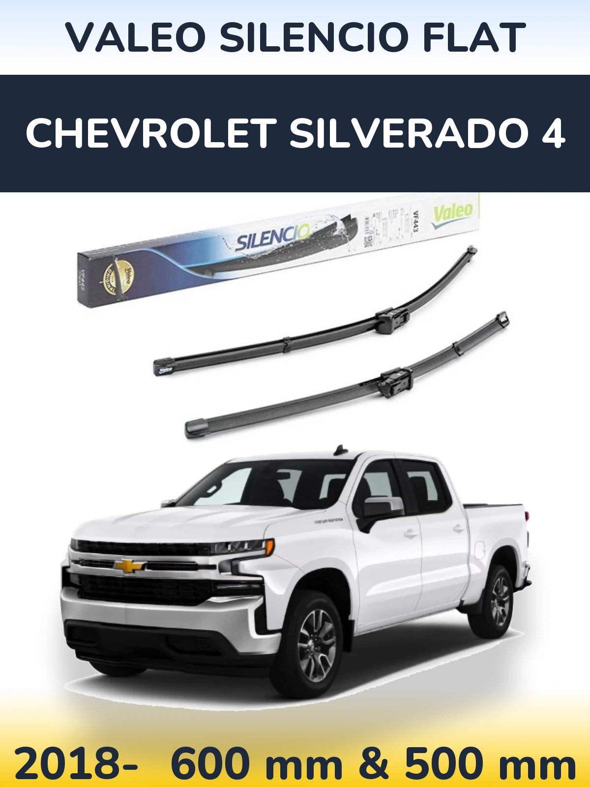 Front wiper blade set Valeo Silencio Flat 600 & 500 mm for Chevrolet Silverado 4 2018-2026