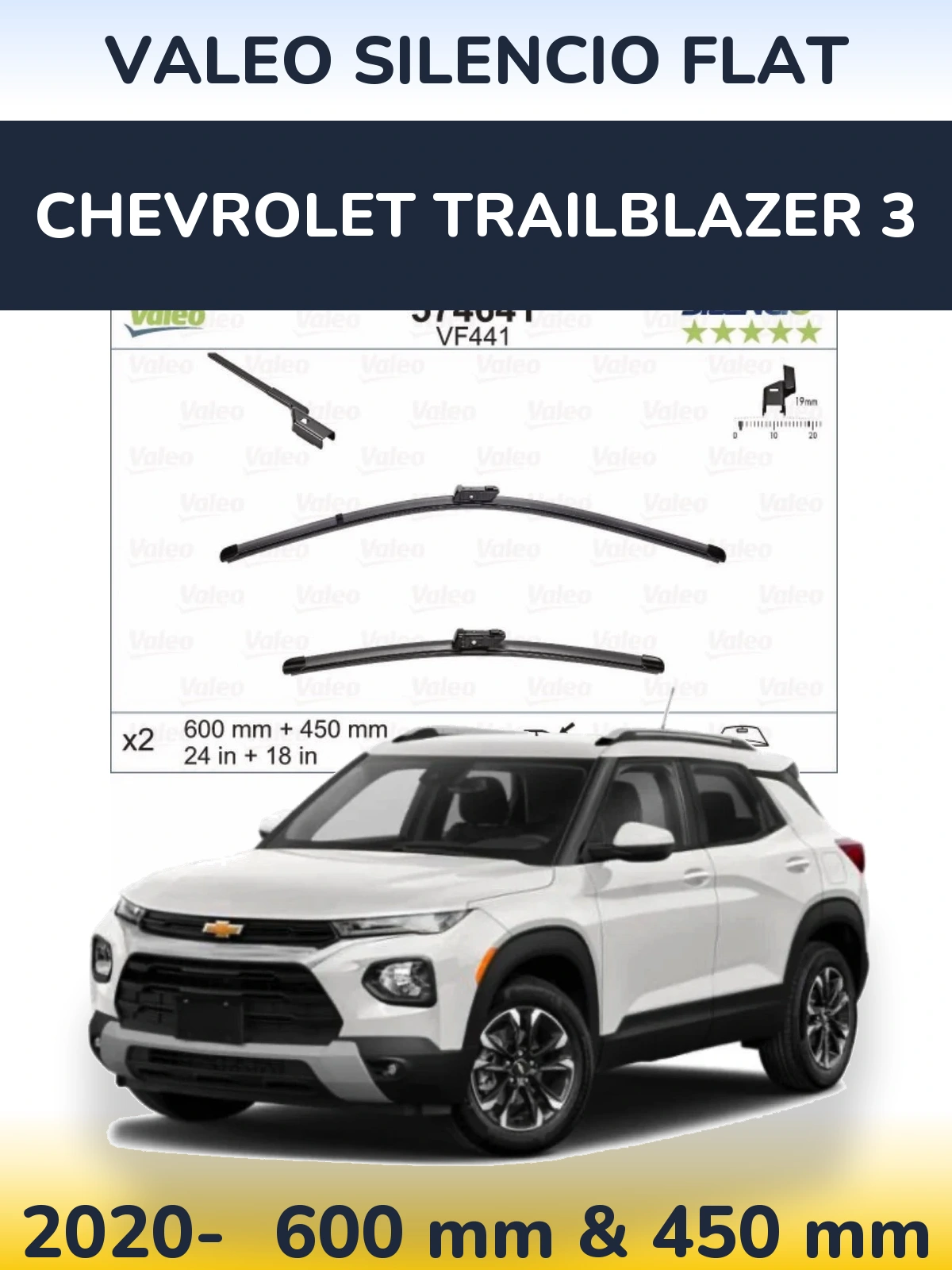 Front wiper blade set Valeo Silencio Flat 600 & 450 mm for Chevrolet TrailBlazer 3 2020-2026