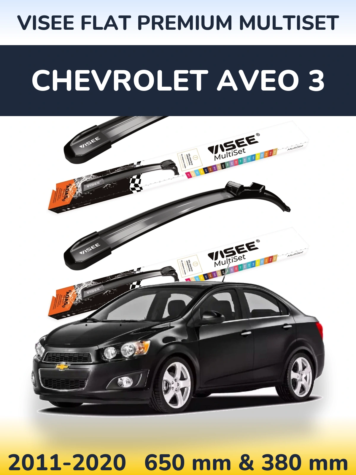 Front wiper blade set VISEE FLAT PREMIUM MultiSet 650 & 380 mm for Chevrolet Aveo 3 2011-2020