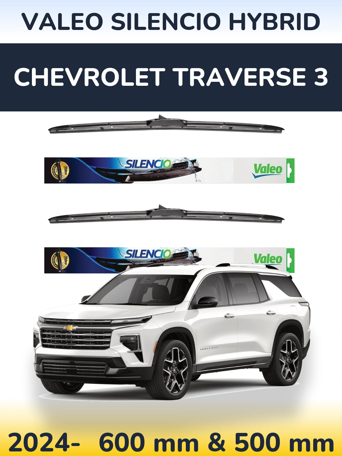 Front wiper blade set Valeo Silencio Hybrid 600 & 500 mm for Chevrolet Traverse 3 2024-2026