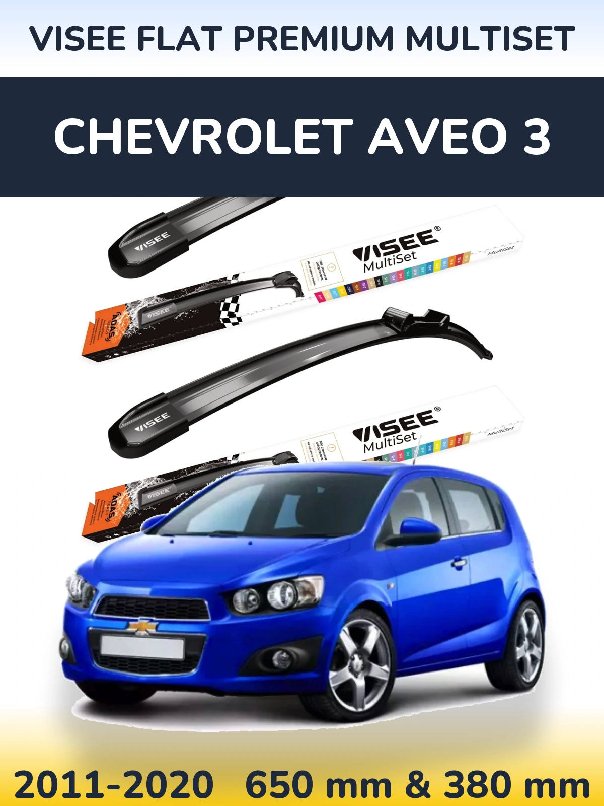 Front wiper blade set VISEE FLAT PREMIUM MultiSet 650 & 380 mm for Chevrolet Aveo 3 2011-2020