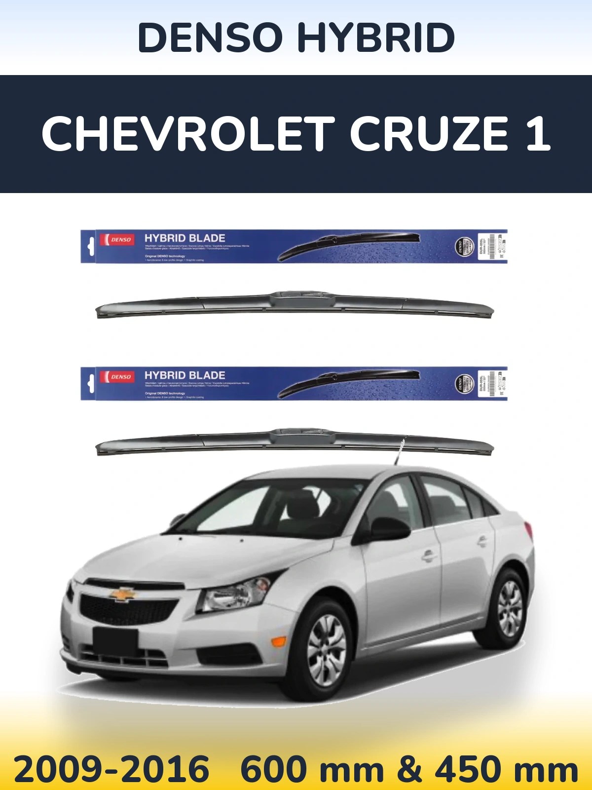 Front wiper blade set Denso Hybrid 600 & 450 mm for Chevrolet Cruze 1 2009-2016