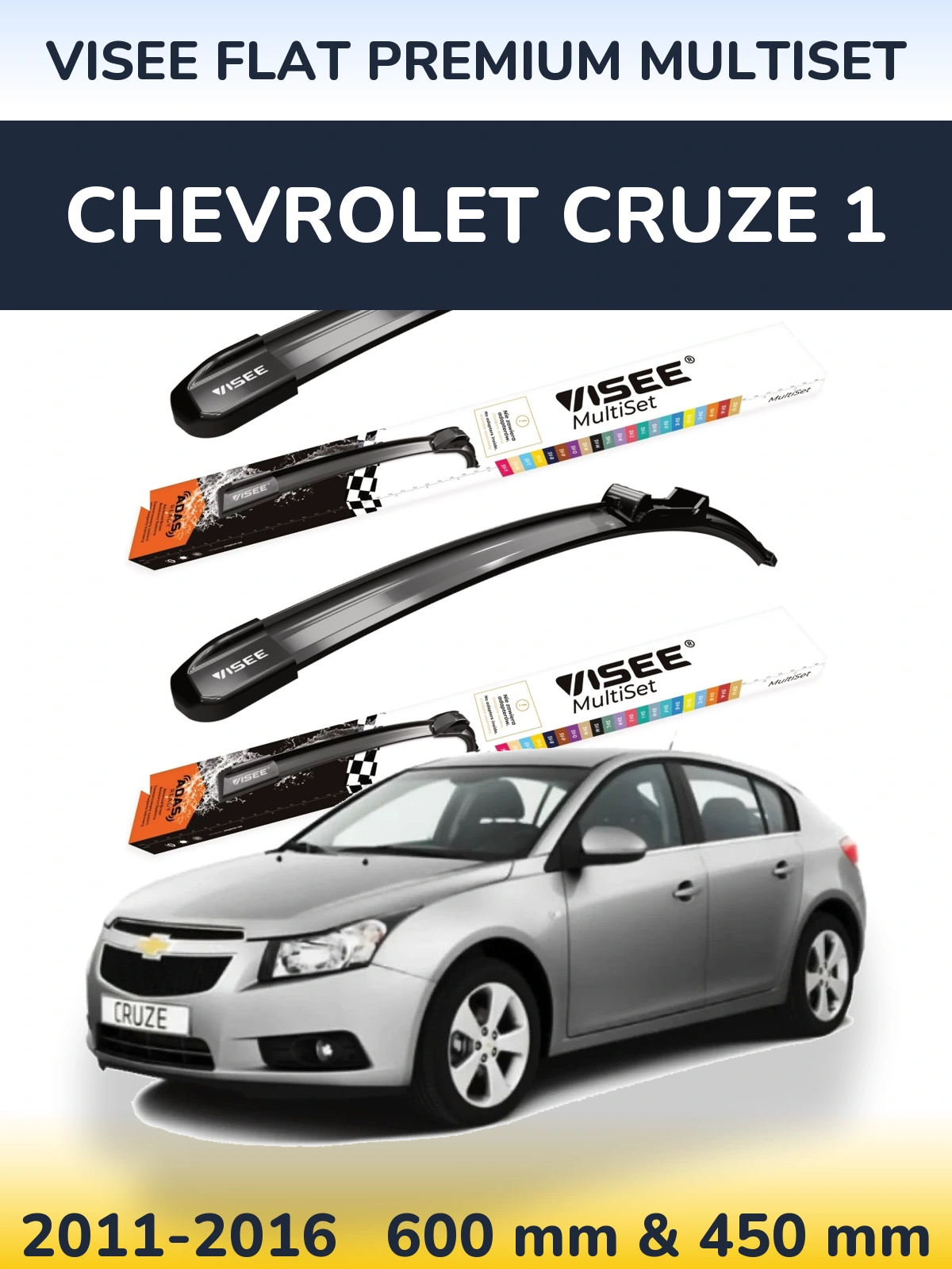 Front wiper blade set VISEE FLAT PREMIUM MultiSet 600 & 450 мм for Chevrolet Cruze 1 2011-2016