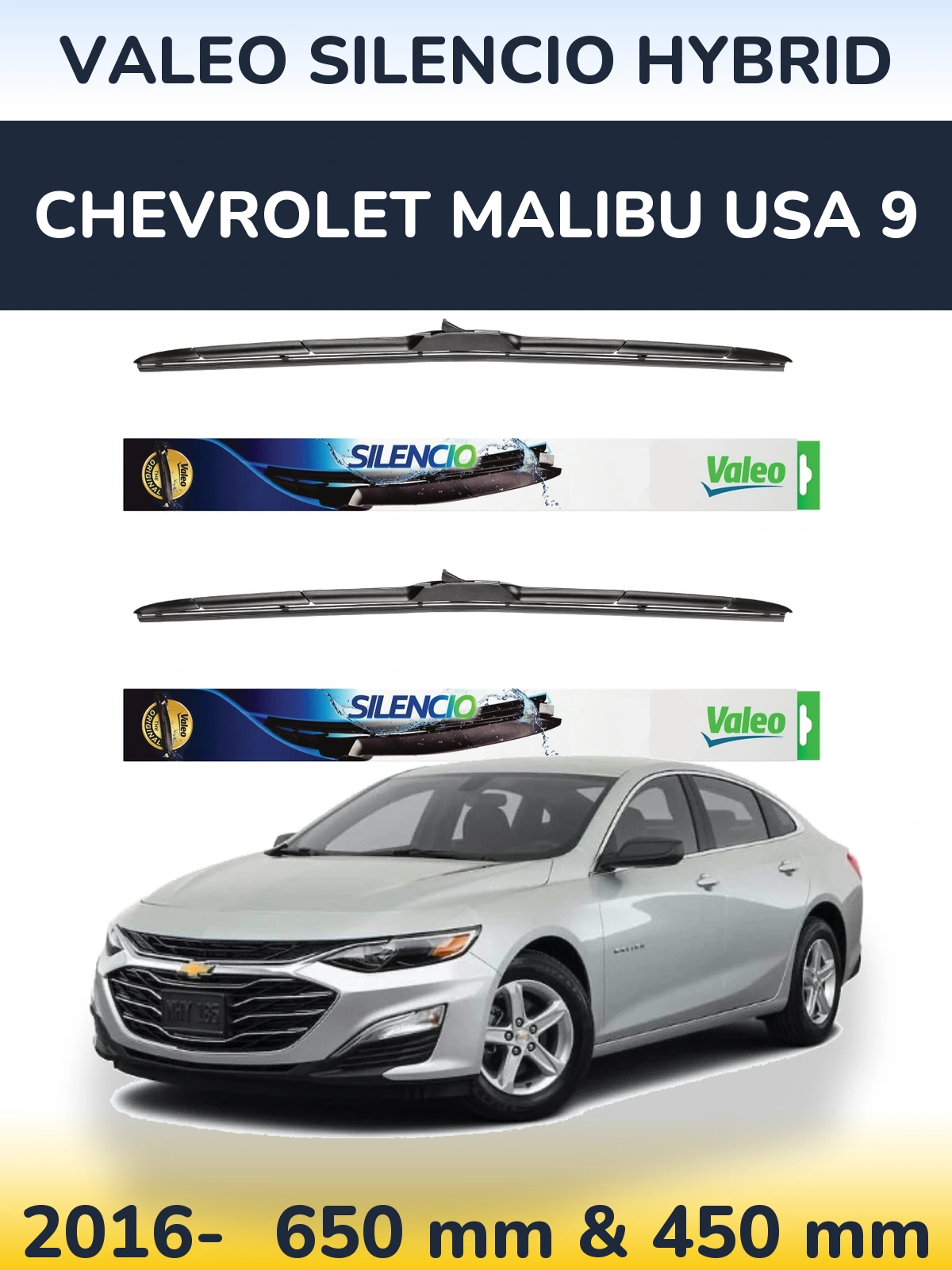 Komplet przednich wycieraczek Valeo Silencio Hybrid 650 & 450 mm do Chevrolet Malibu USA 9 2016-2026